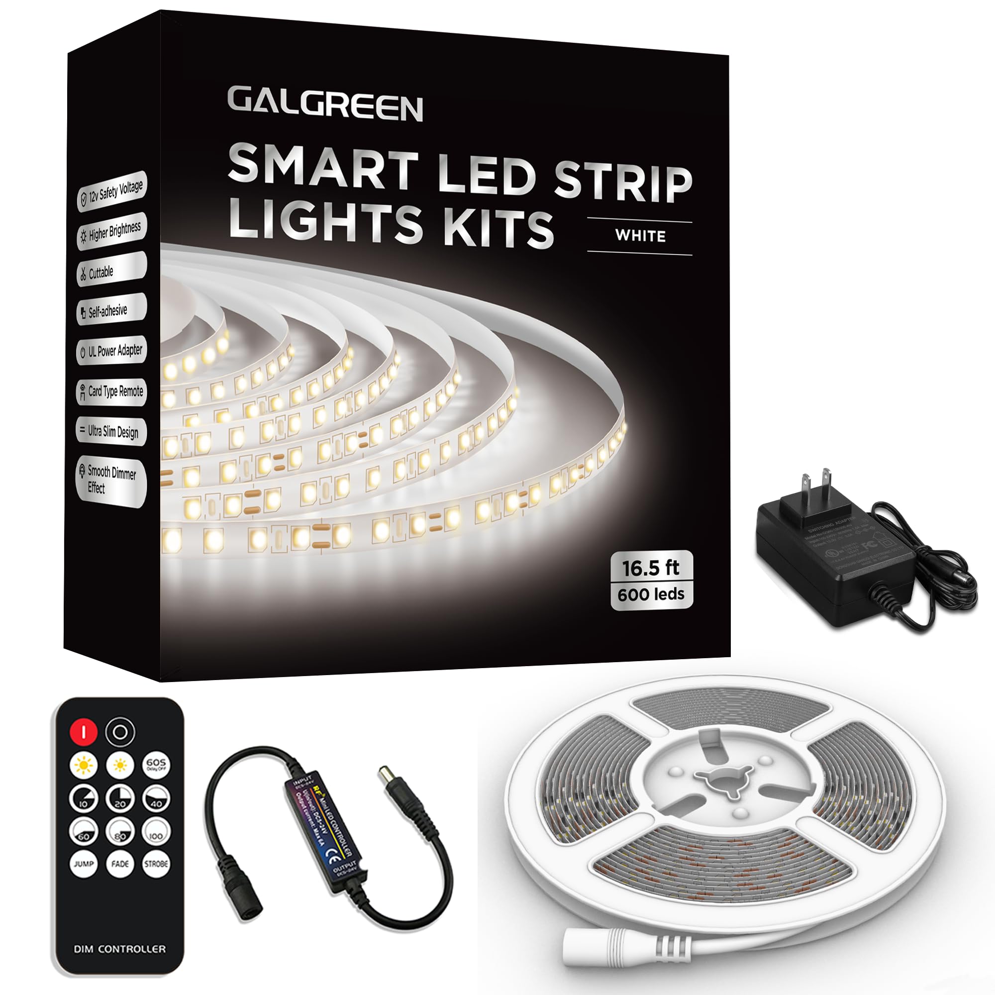 Galgreen LED Strip Lights, 16.5ft, Dimmable Remote, 600 LEDs, Daylight White, Strong Adhesive, Cuttable for Kitchen Cabinet