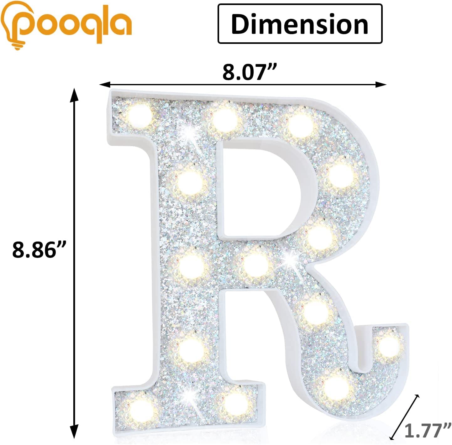 Pooqla LED Marquee Letter Lights, Colorful Light Up Alphabet Sign, Model S-RGB Silver, Battery Operated, 16 Colors, Letter R