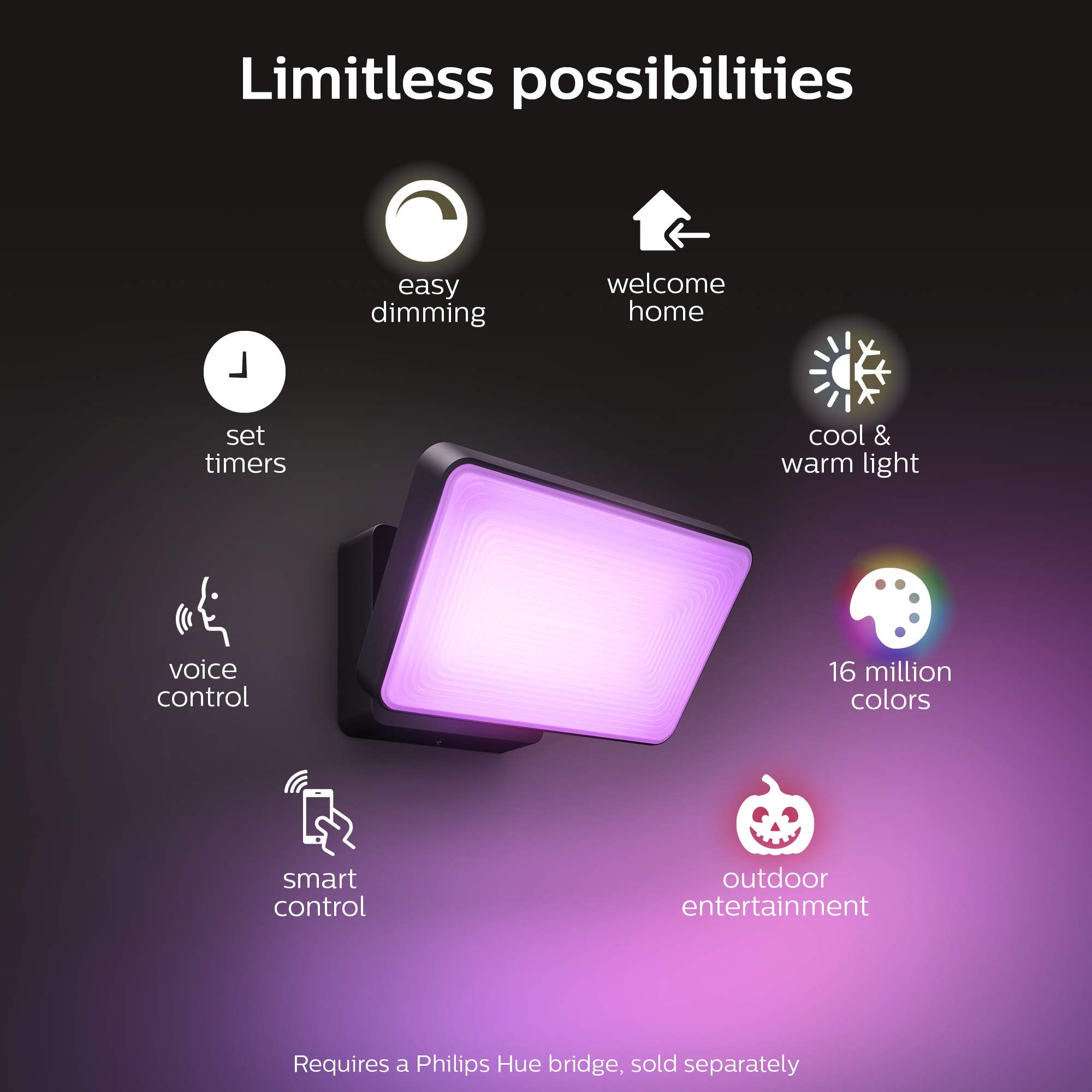 Philips Hue Outdoor Smart Flood Light Fixture, 15W, Black, White & Color Ambiance, Model 1743530V7, Requires Hue Bridge