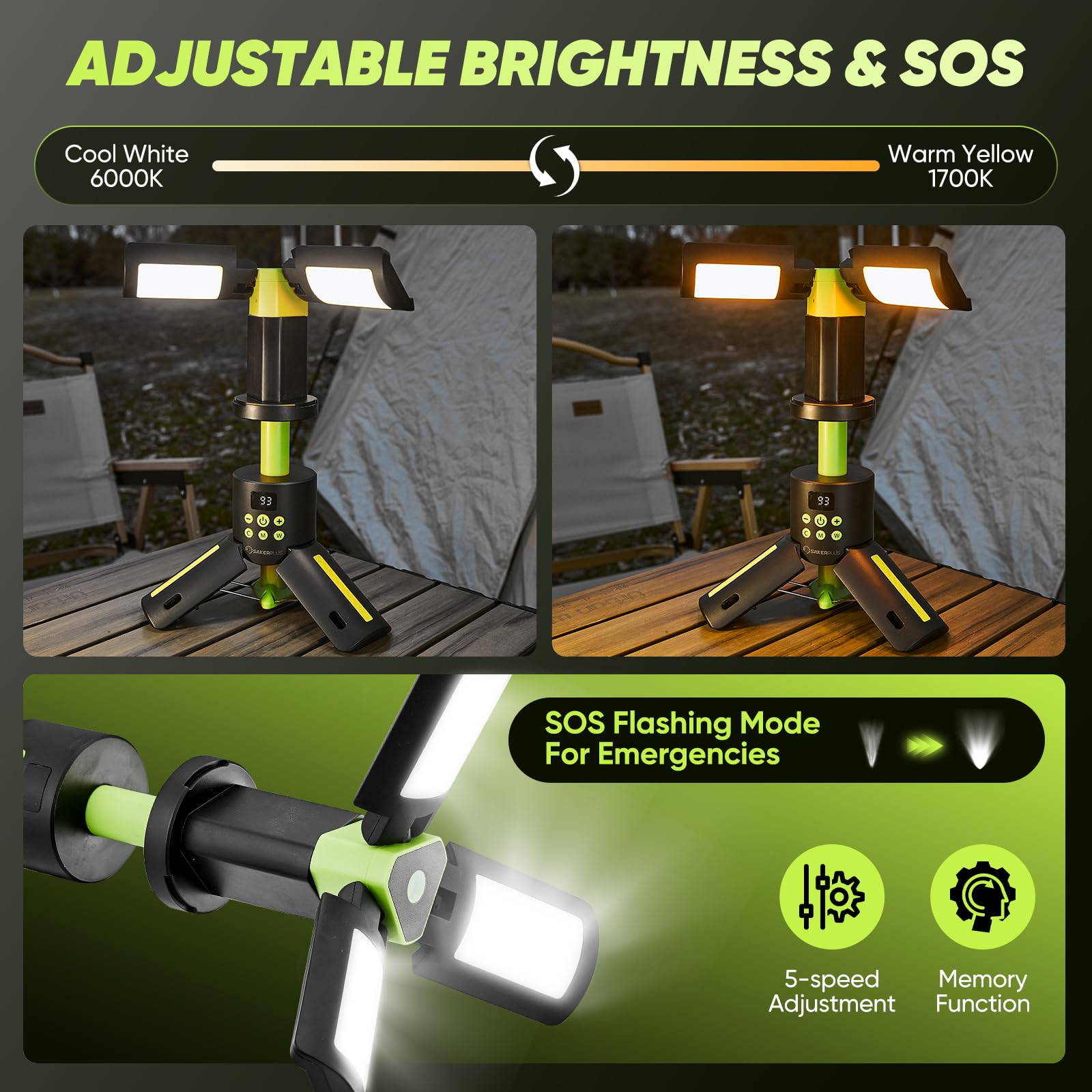 SakerPlus Portable Camping Lights, 5000LM LED Flashlight, 9 Color Modes, Green, Model EC67392, Rechargeable with Magnetic Base