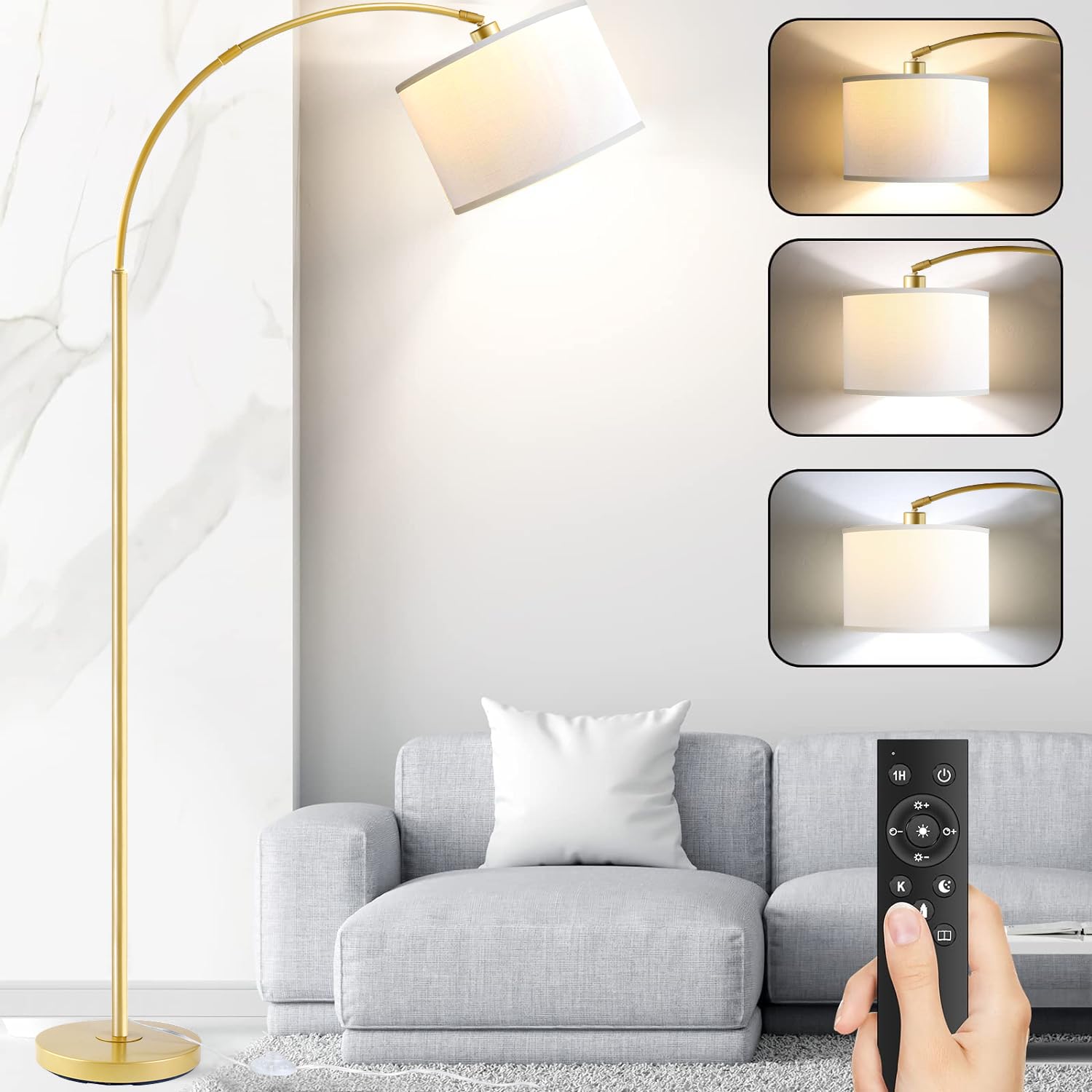 Arc Floor Lamps for Living Room, Modern Remote Control Standing FLamp with Stepless Dimmable, Gold Tall Lamp with White Drum Sha