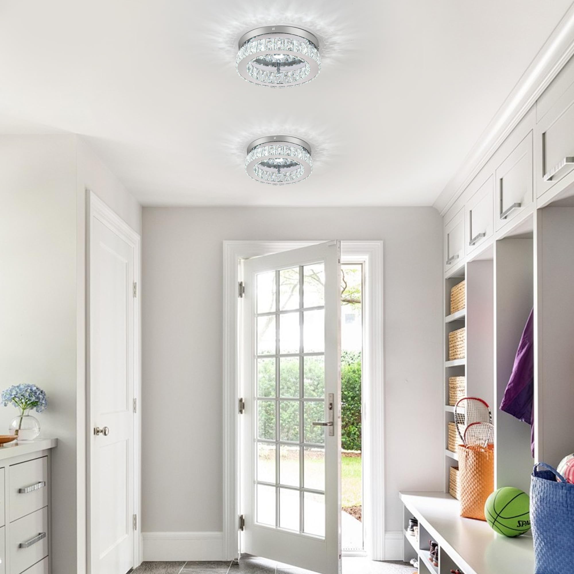 HOPGGIE 12 Inch Dimmable Crystal LED Flush Mount Chandelier Light for Kitchen, Hallway, Bedroom - Model HJ-016, Modern Design