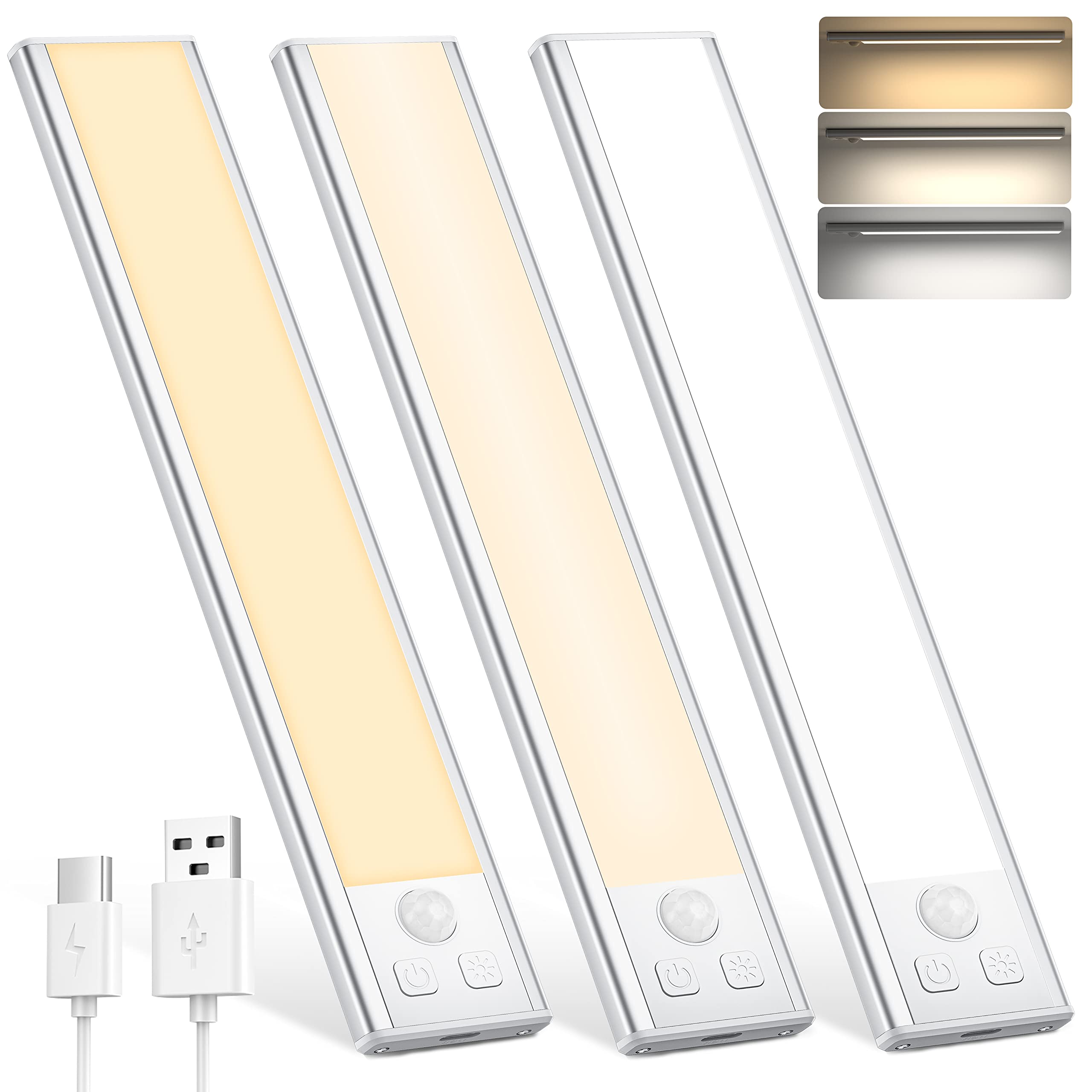 Dealgadgets Under Cabinet Lights, 3-Color Motion Sensor Led, Usb-C Rechargeable, 8.07&quot; -