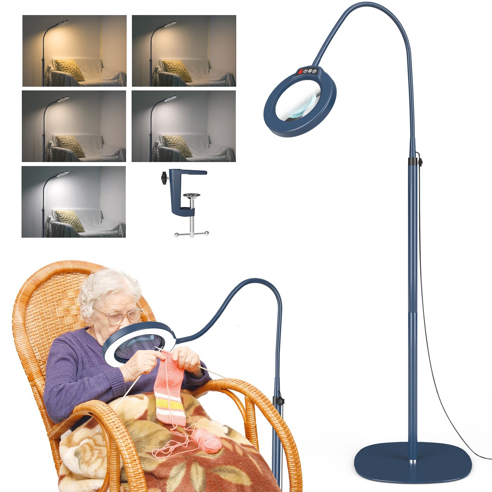 Krstlv 10X Magnifying Glass with Light, Flexible Gooseneck Floor Lamp, LED 5 Color Modes, Stepless Dimmable, Blue, Model LBLFG609X01