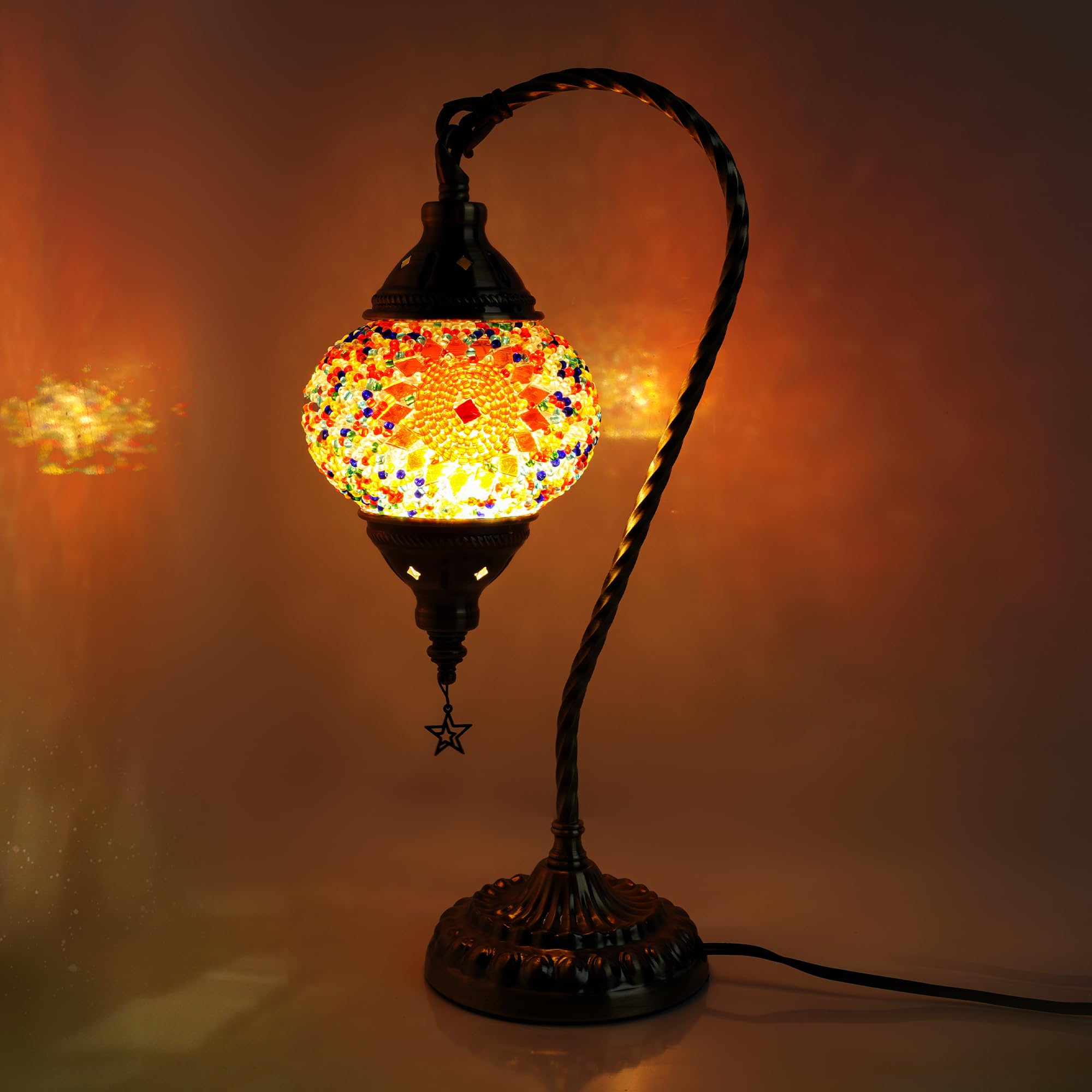 Ruhaieba Turkish Moroccan Lamp with 3 Color Options - Handmade Tiffany Mosaic Glass Bedside Lamp with Bronze Base  Swan-Neck Nightstand Light for Bedroom (LED Bulb Included) (Orange)