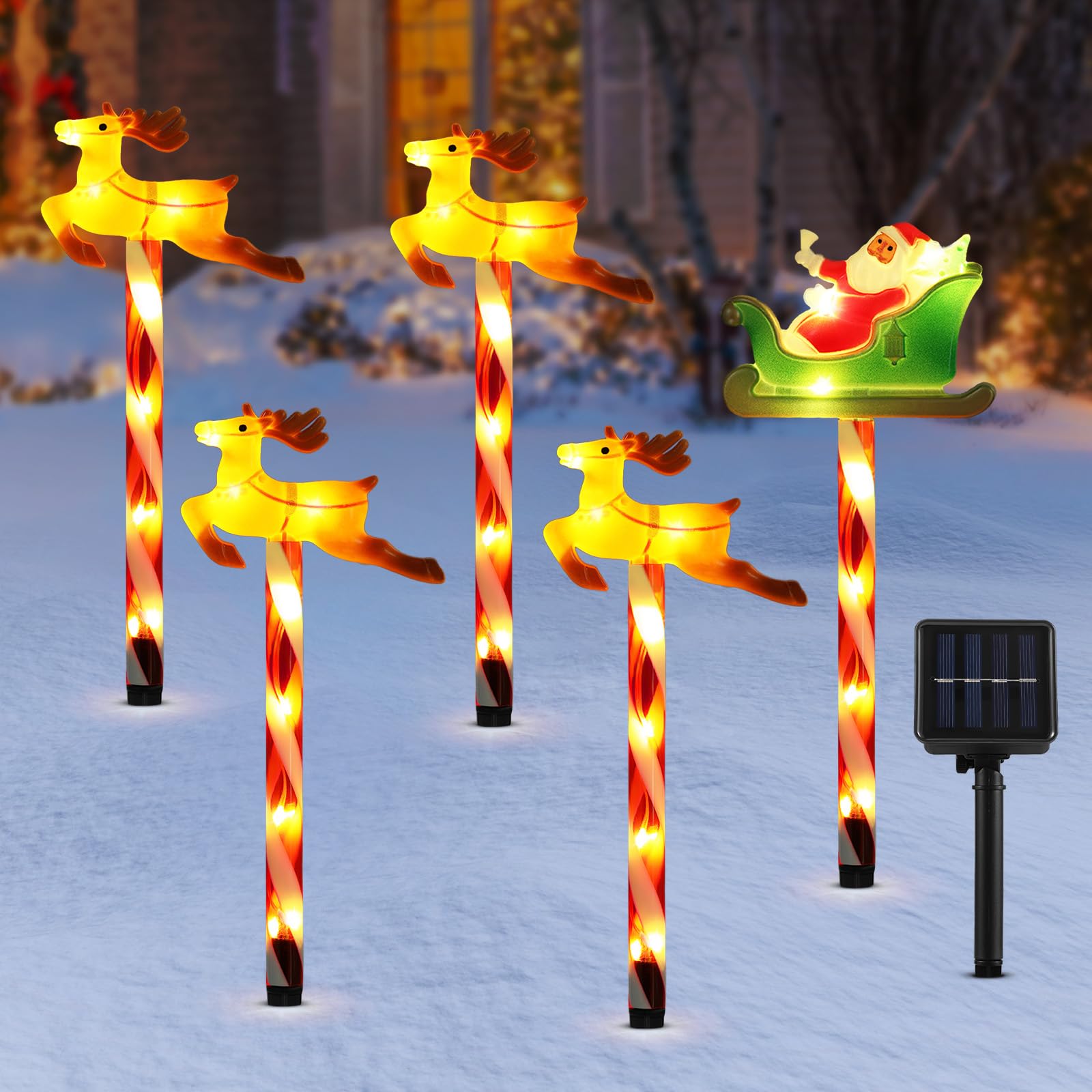 Lewondr Solar Christmas Pathway Lights, 5 Pack, Warm Light, Santa Claus & Reindeer, Waterproof Garden Decor, Model HD250058