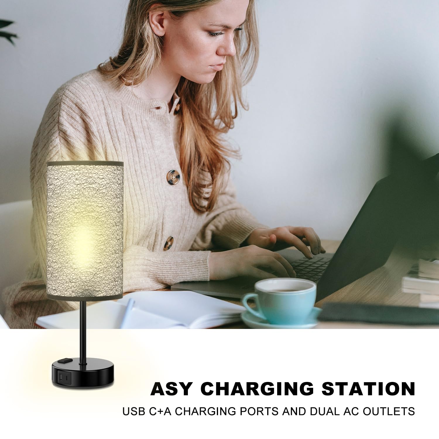 Table Lamp For Bedroom With Touch Control,Bedside Lamp With Usb C+A Charging Ports& Ac Outlets, Adjustable 3Color Led Light For