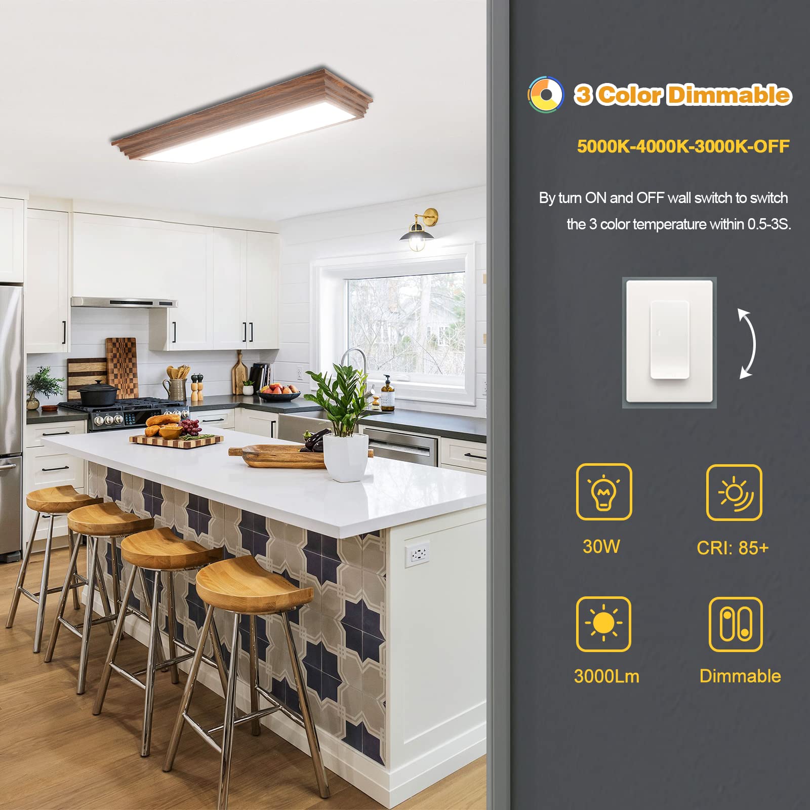 Faithsail 2Ft Led Light Fixture With 3000K/4000K/5000K Cct Selectable Dimmable 2 Foot Led Linear With Wooden Look 30W 3300Lm Flu