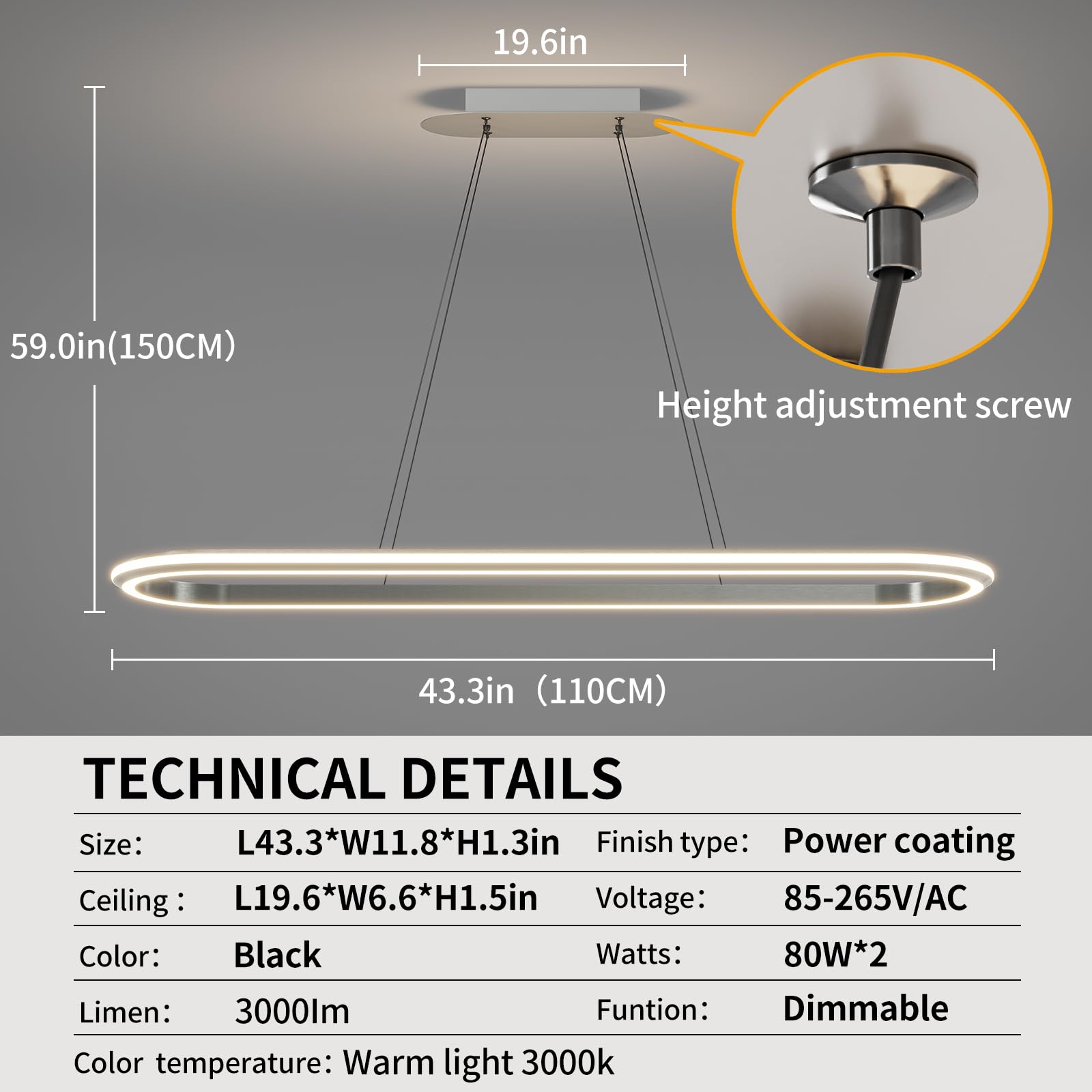 Matven Linear Pendant Light Fixture, Dimmable LED Chandelier, 3000K-6000K, 43.3in, Acrylic, Silver, Modern Design