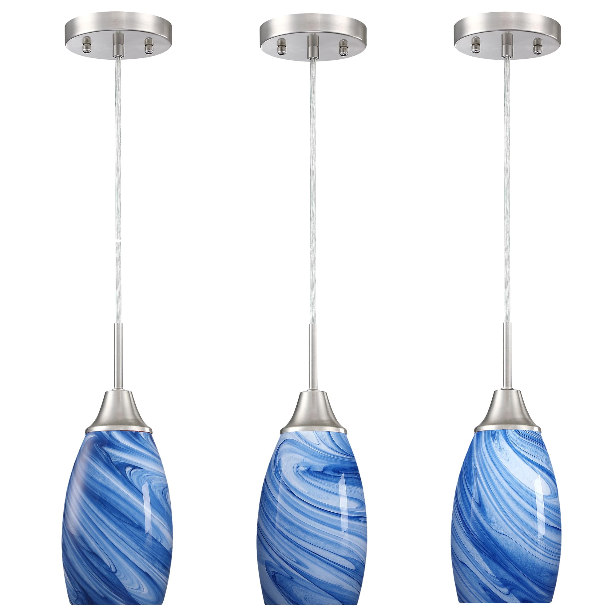 Viinew Glass Pendant Light with Handblown Dark Blue Marble Art Glass Shade Ceiling Light 3-Pack Mini Hanging Pendant Light for K