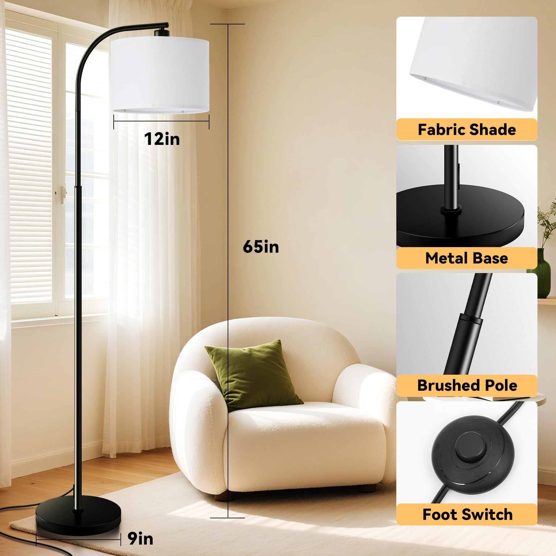KQW Floor Lamp - Dimmable Tall Standing Light with Remote, 65" Fabric Shade, Smart RGB Bulb, Black, Model TJ-FL2006-BK04