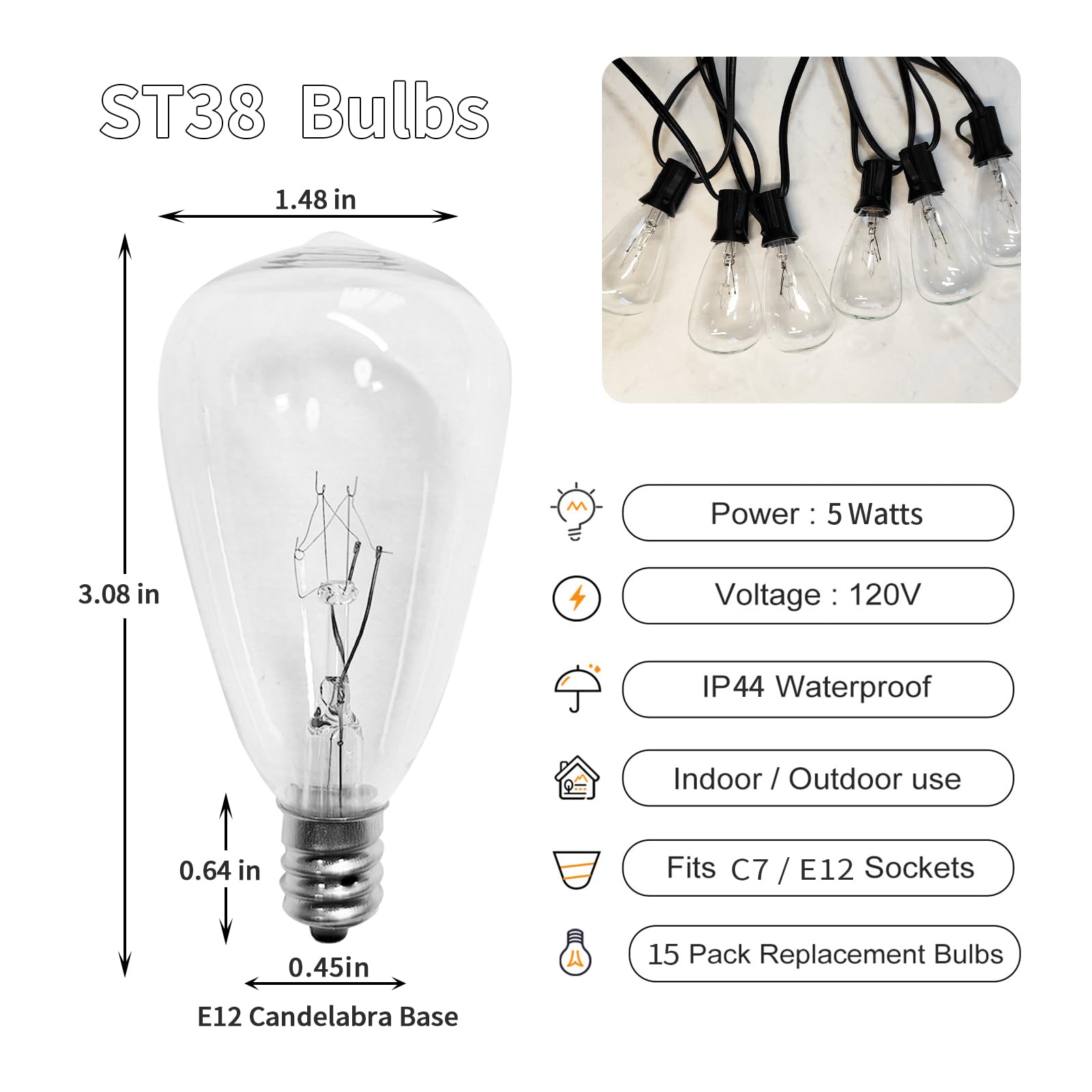 Chyparty 15 Pack St38 Replacement Bulbs, 5W Incandescent Warm White E12 Candelabra Base, Cost-Effective Clear Glass Waterproof R