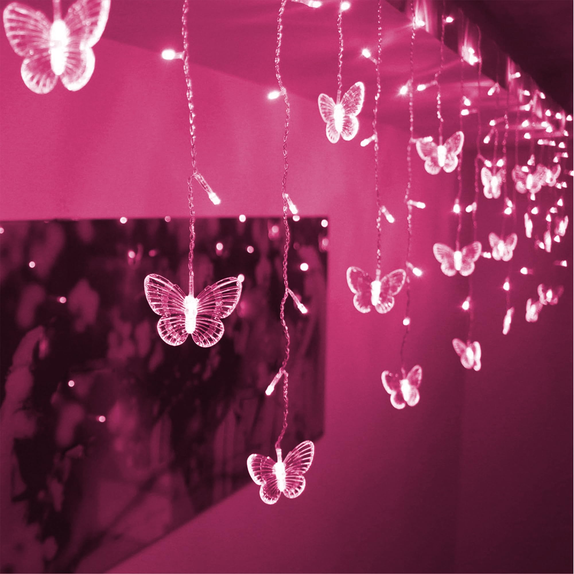 Decorman Butterfly Curtain Lights, 4.9ft 48 LED USB Window Fairy Lights 10 Butterflies 8 Modes Firefly Twinkle String Lights for Room Bedroom Wall Ceiling Party Wedding Christmas (Pink)