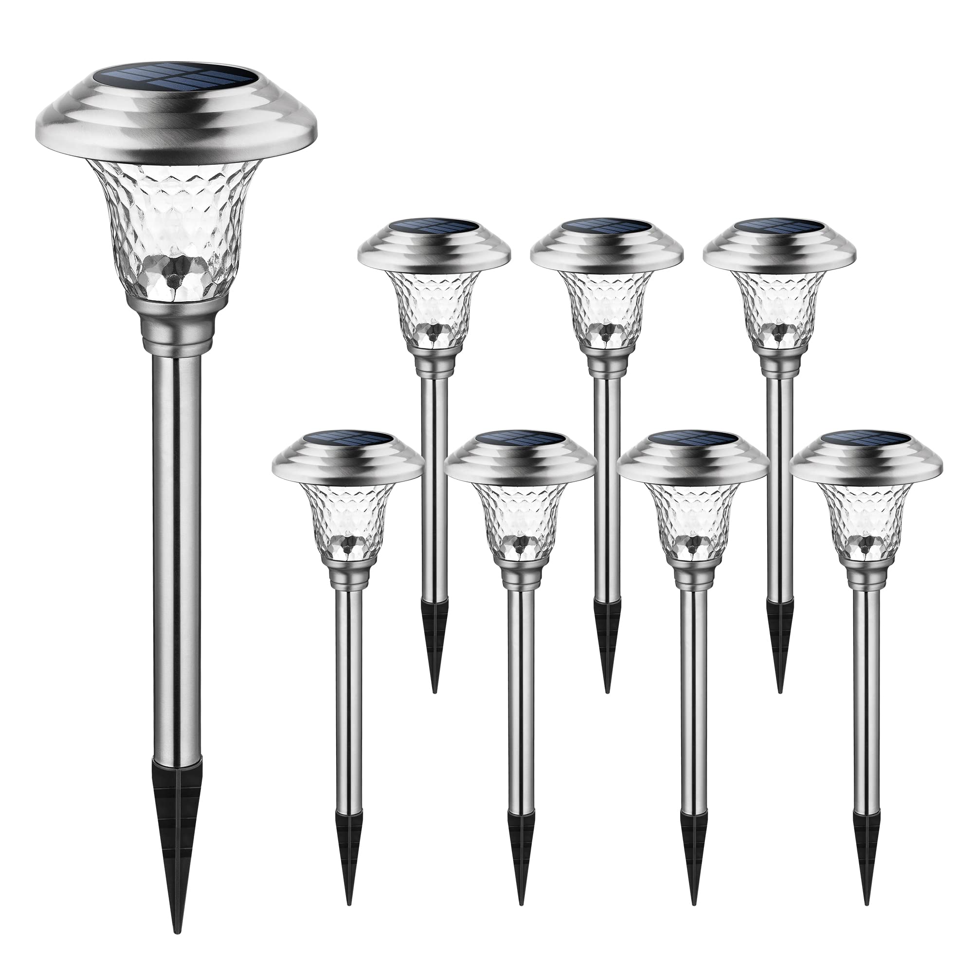 GIGALUMI Solar Pathway Lights 8 Pack, Waterproof LED Garden Lights, Warm White, Stainless Steel, Outdoor Landscape & Walkway Lighting