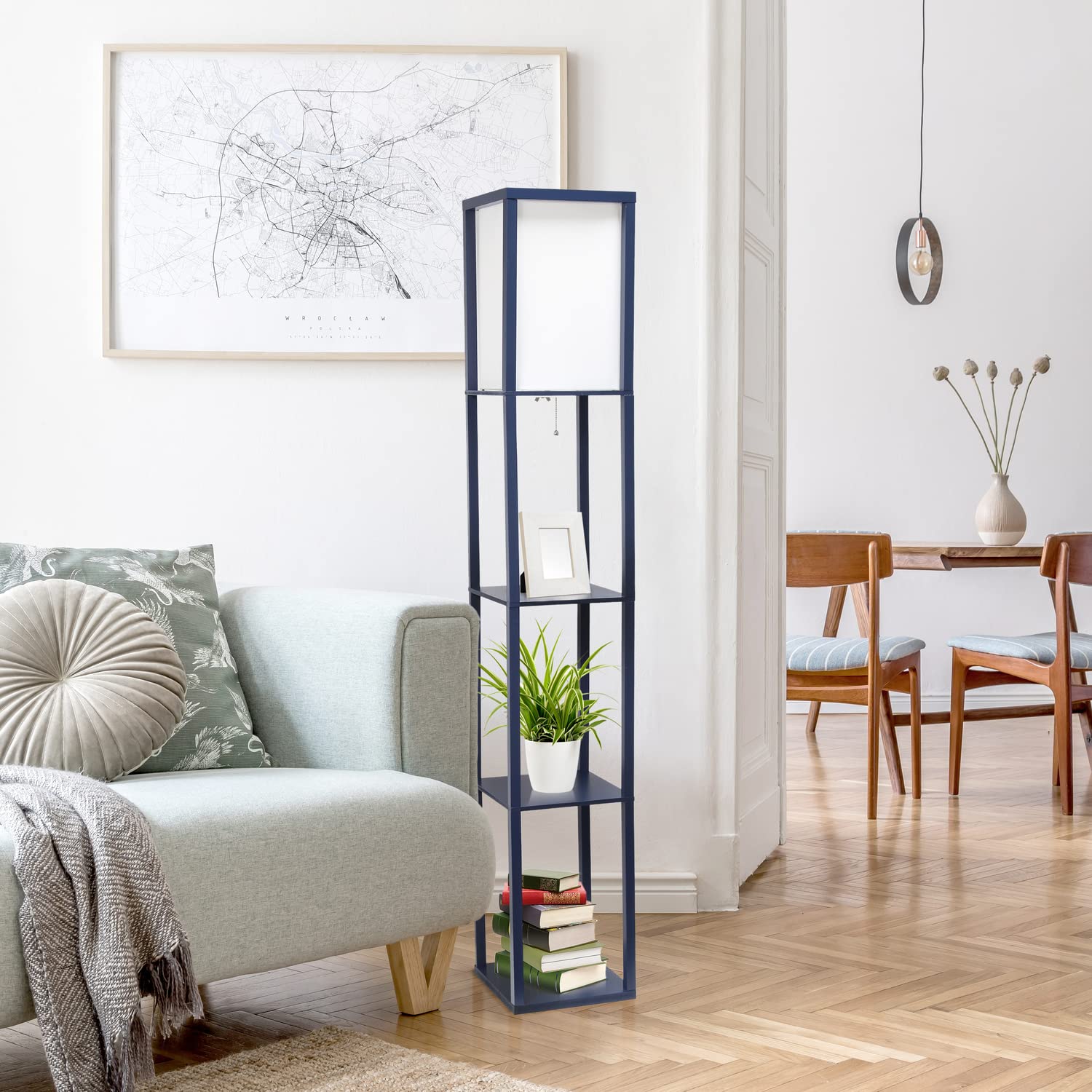LALIA HOME Column Shelf Floor Lamp, Navy Linen Shade, Wood, Model LHF-3004-NV