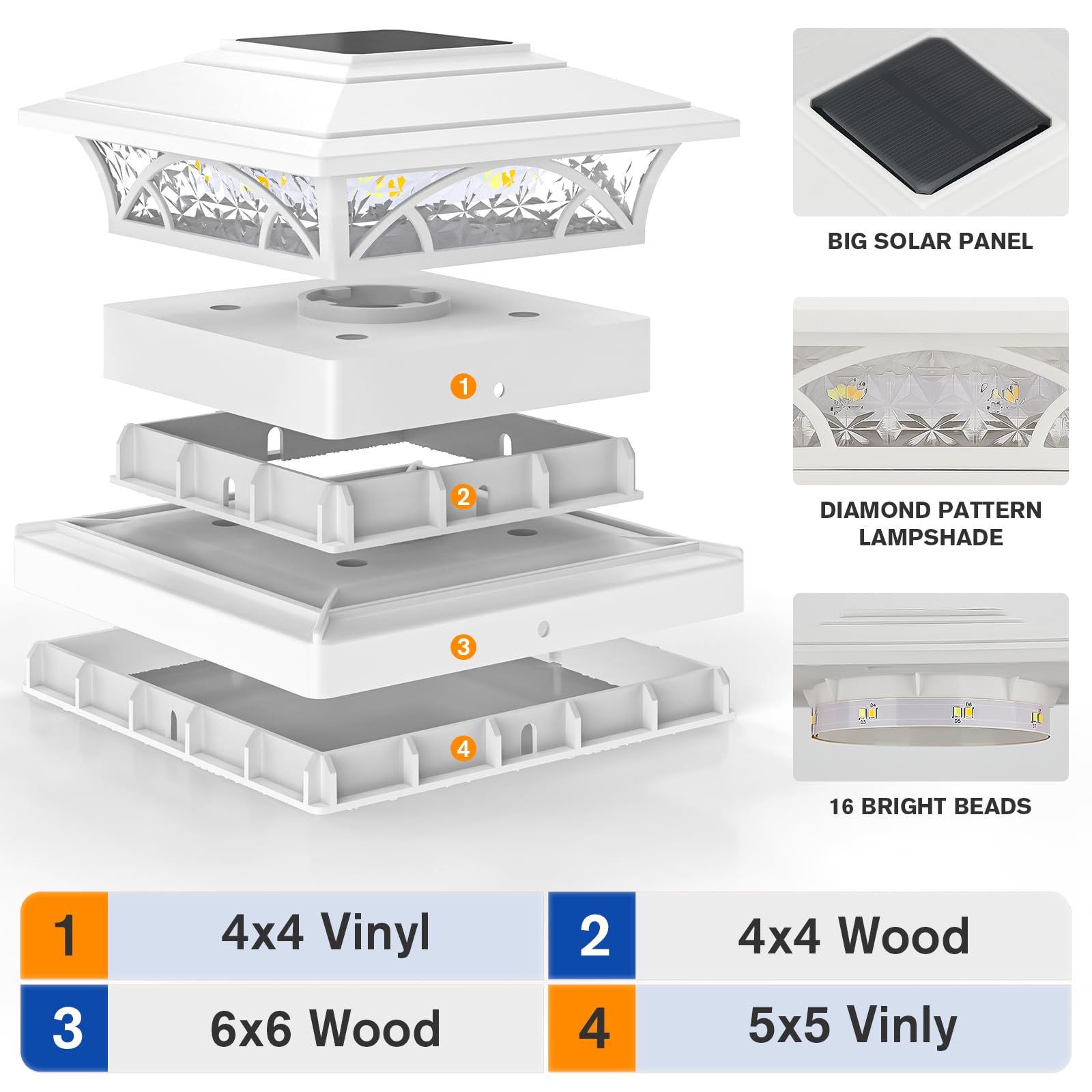APONUO Solar Post Cap Lights 6 Pack, IP65 Waterproof, Auto On/Off, 2-Mode for 4x4 6x6 Posts, White, Model TZ21
