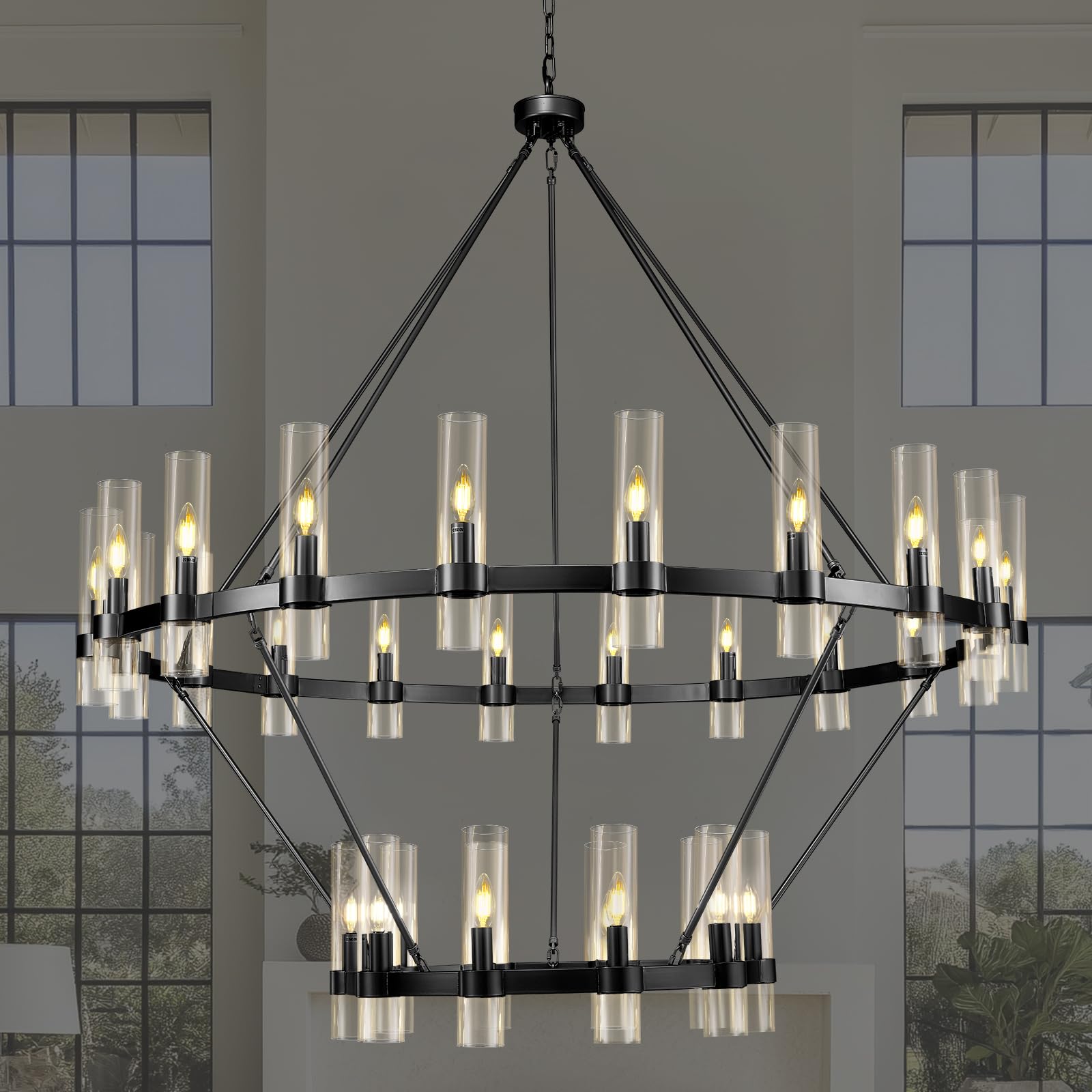 VARTTYAL 60 Inch Black Wagon Wheel Chandelier, 2 Tier Industrial Chandelier with Glass Shade, 30-Light Large Round Chandelier, F