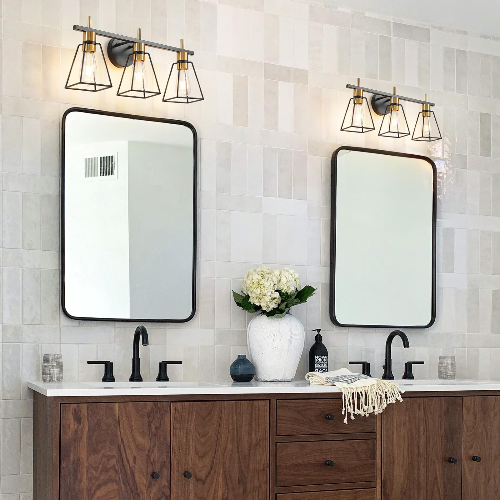 HAHZT 3-Light Industrial Bathroom Vanity Lights, Black & Gold Metal Cage Wall Sconce, Rustic Farmhouse Fixture for Bedroom & Living Room