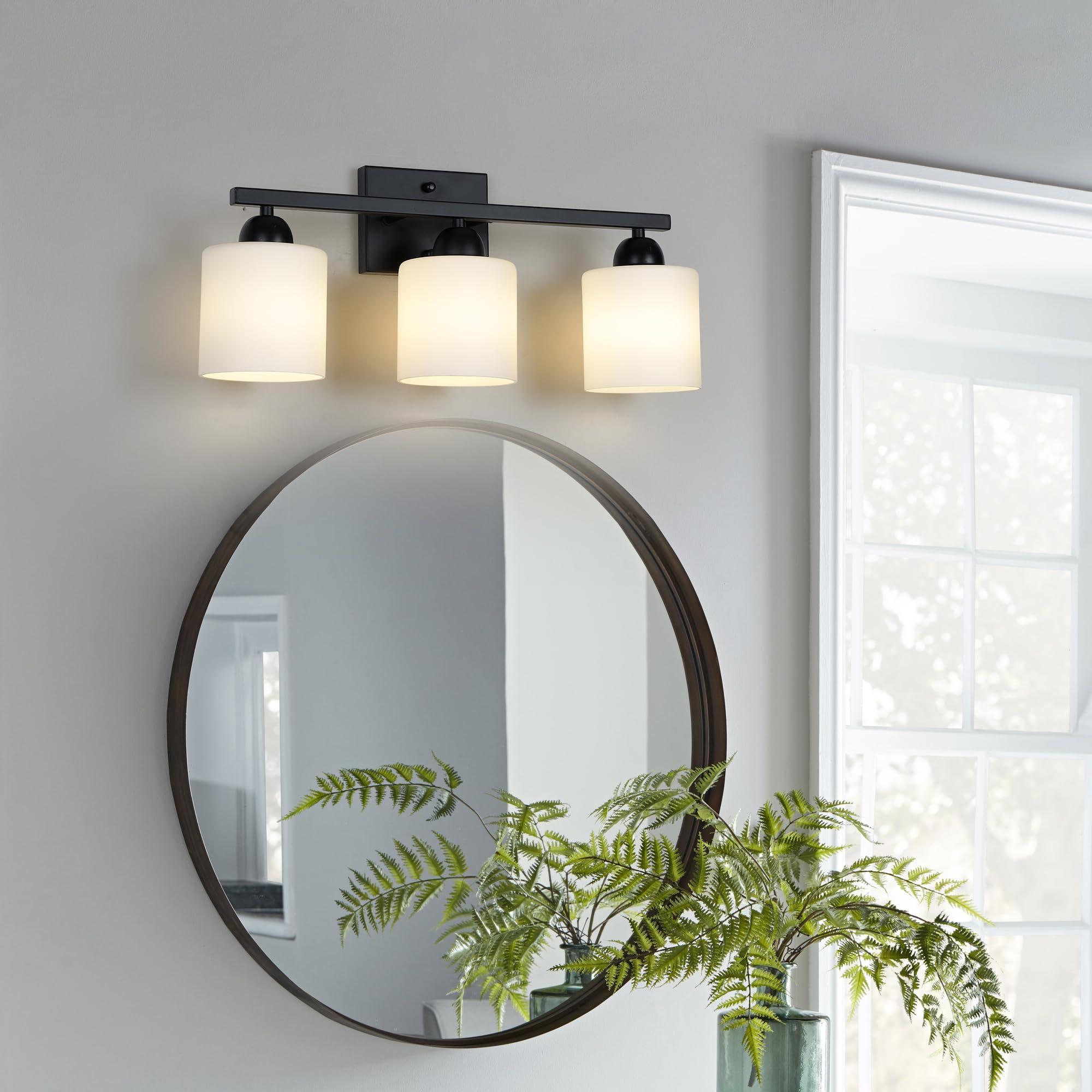 Mecgirn 3 Light Bathroom Vanity Light Fixture, Matte Black Metal with Frosted Glass, Model B0003-3-Black
