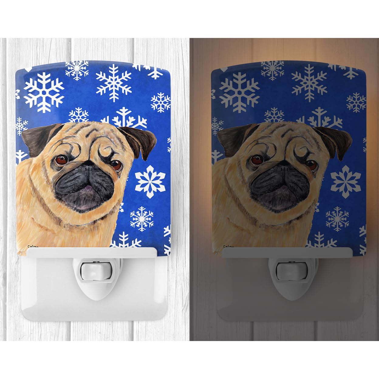Carolines Treasures Night Light, Ceramic, Pug Winter Snowflakes, UL-Certified, 6x4x3in, Multicolor, Model SC9371CNL
