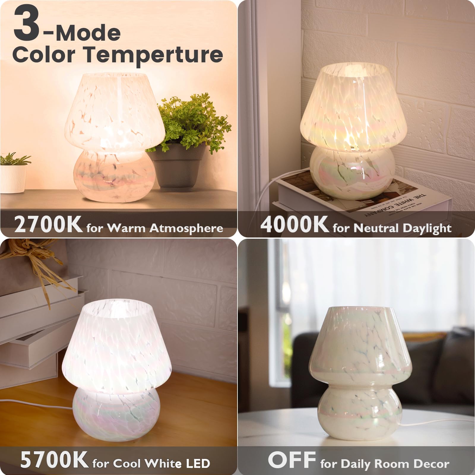ULAROOM USB Mushroom Lamp - Dimmable LED Bedside Light, Rainbow White, Glass, Model TALPMSUSBMUC19X9Q1