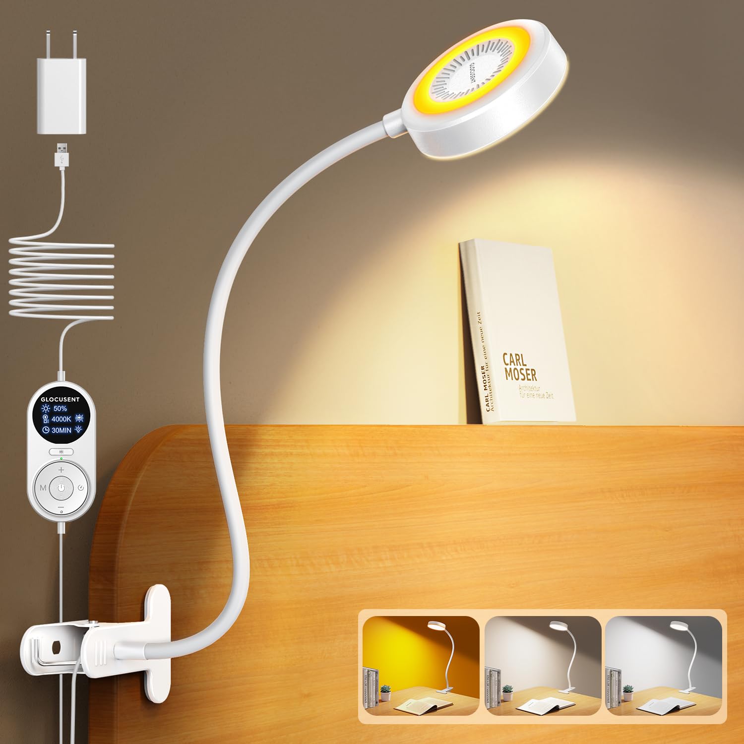 Glocusent Clip on Lamp, 72 LEDs with Amber Night Light, 3 Colors, 5 Brightness Levels, Model A31, White