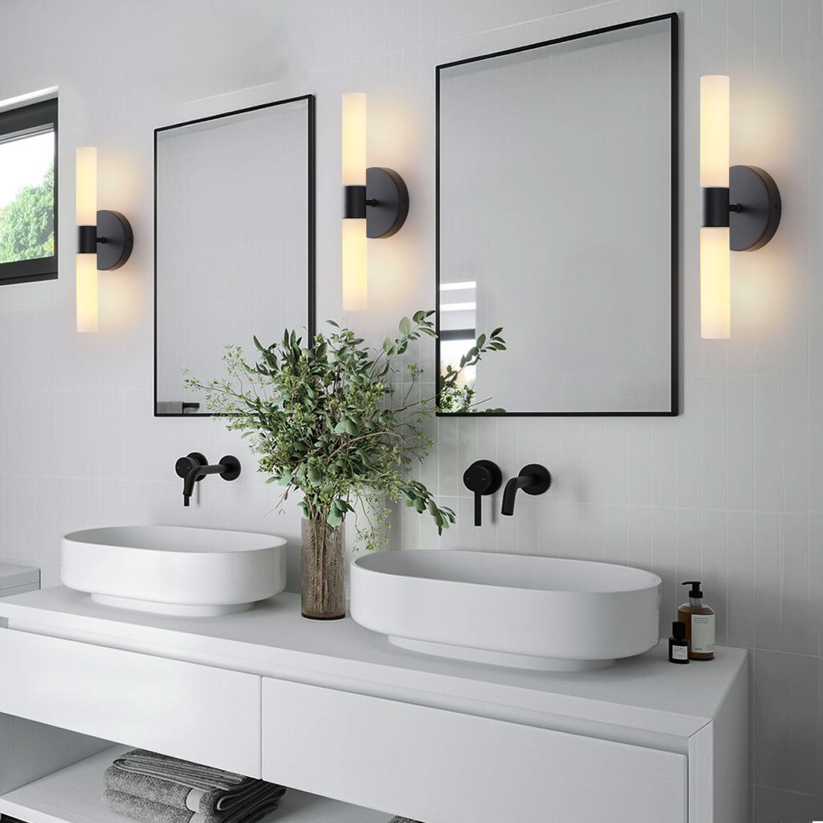 KUZZULL Wall Sconces Set of 2 Matte Black Metal Light Fixtures with White Glass Shade, 14in Modern Design for Bathroom and Living Room