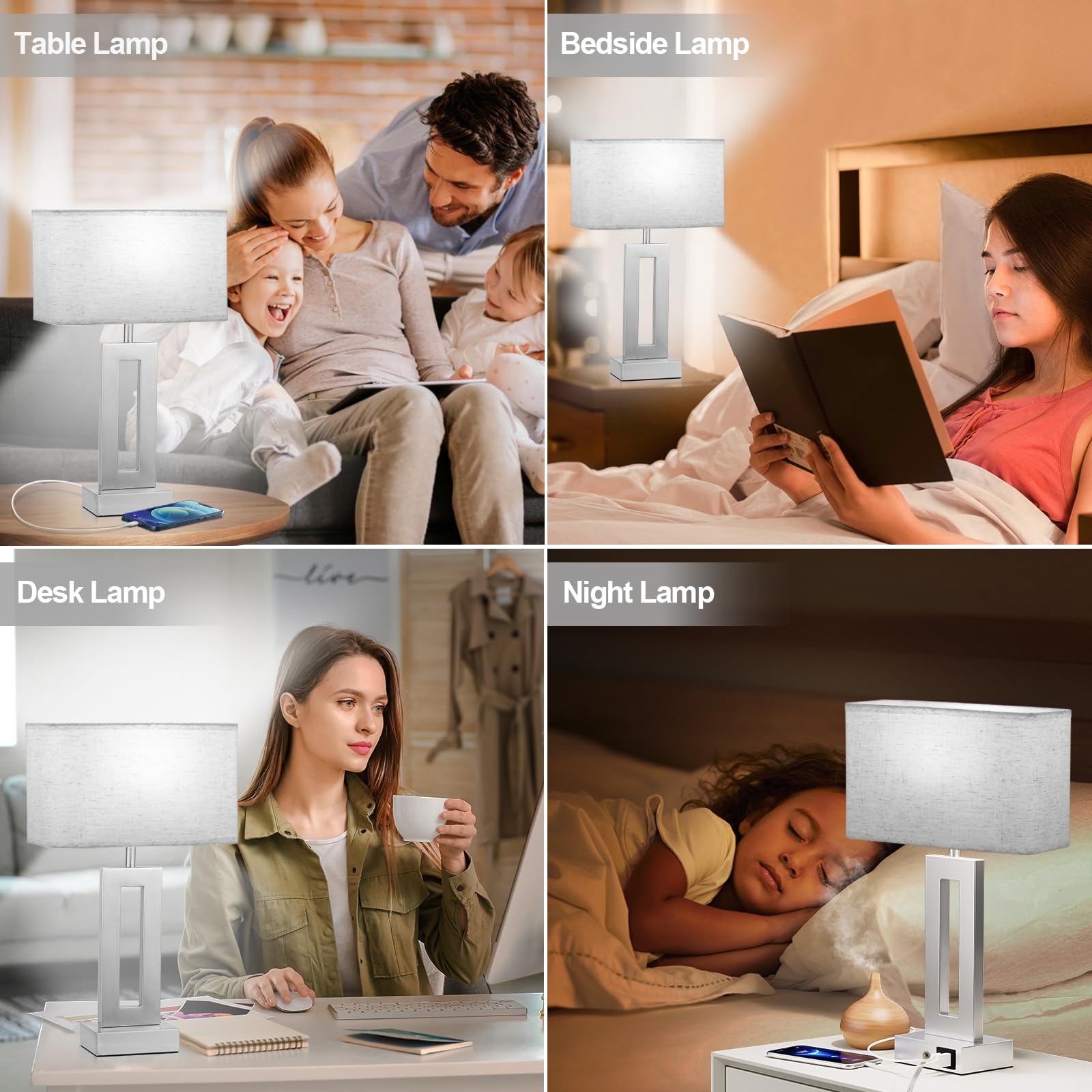 Bedroom Table Lamps Set Of 2 - Beige Silver Touch Bedside Lamps With Usb C+A, 3 Way Dimmable Gold Lamp For Nightstand, Modern Ni