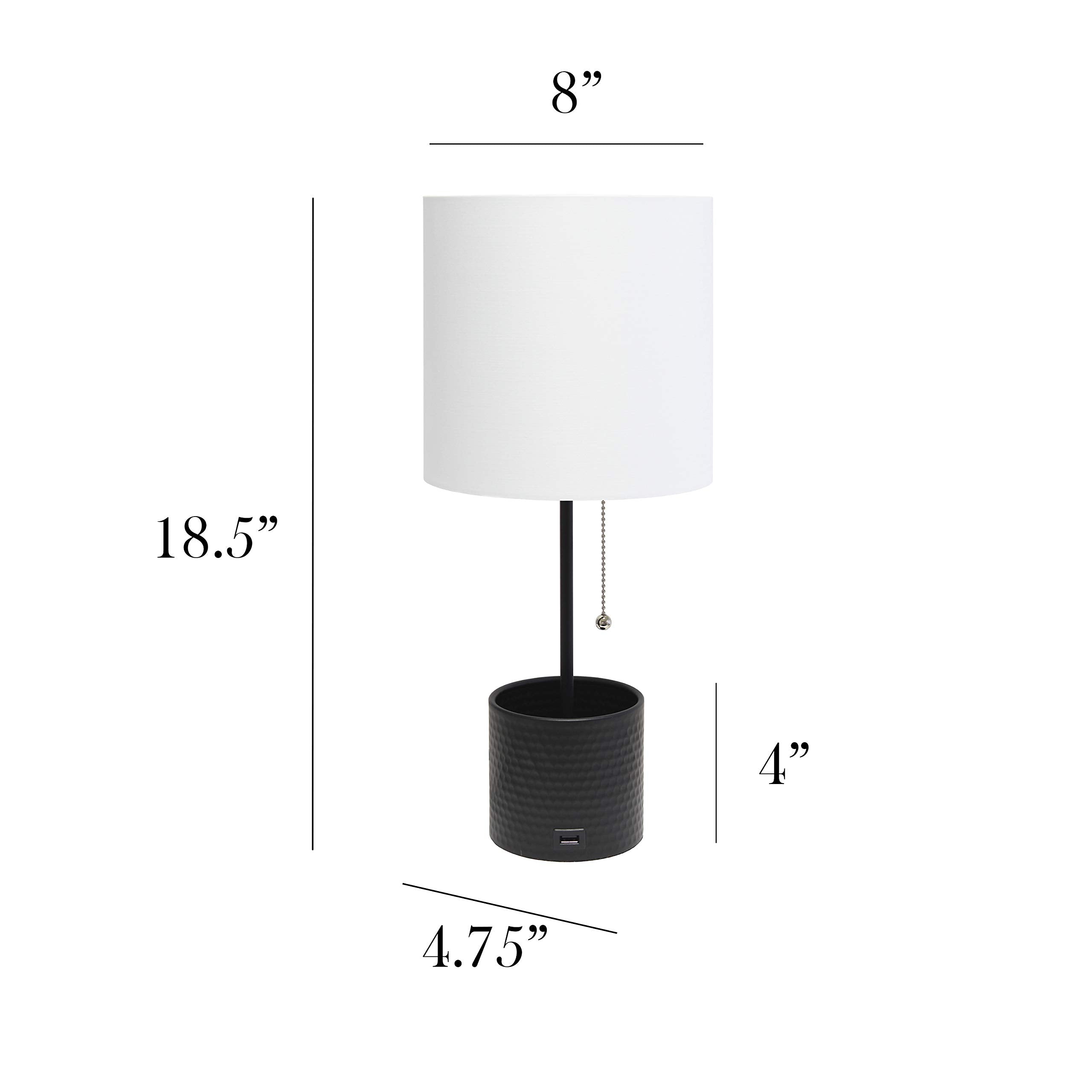 Simple Designs Lt1085-Blk Hammered Metal Organizer Table Lamp With Usb Charging Port And Fabric Shade, Black