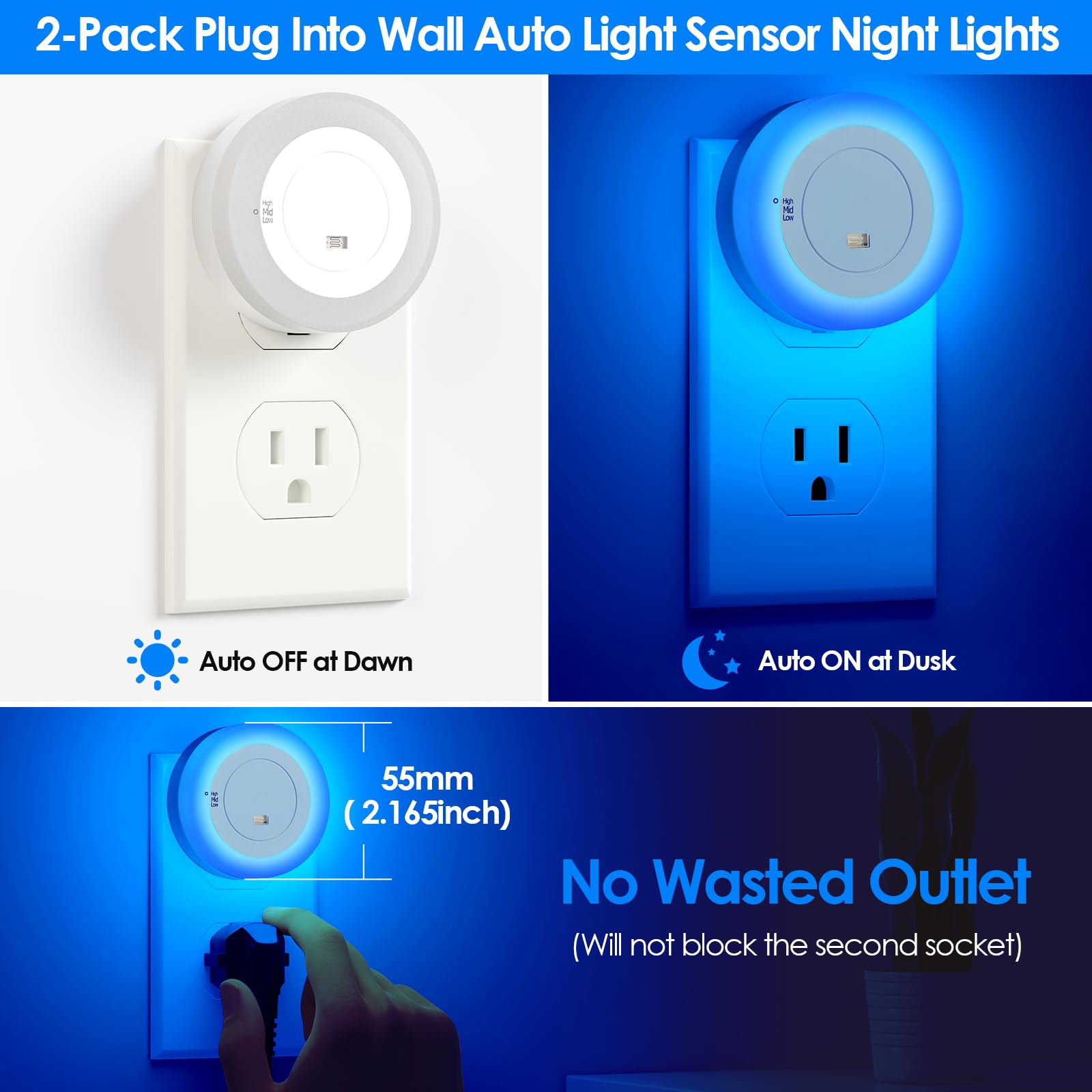 Folksmate Led Night Light, Dimmable Plug-In Dusk To Dawn Sensor Hallway Lights, Smart Nightlight For Bathroom, Bedroom, Adults &