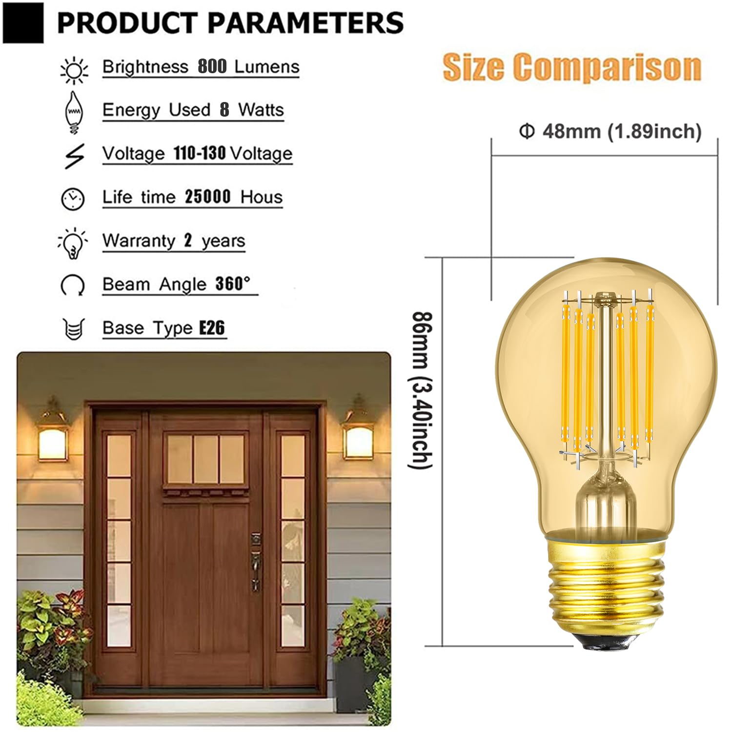 Leools A15 LED Bulb 8W Dimmable E26 Edison Warm White 2700K Amber Glass Pack of 6