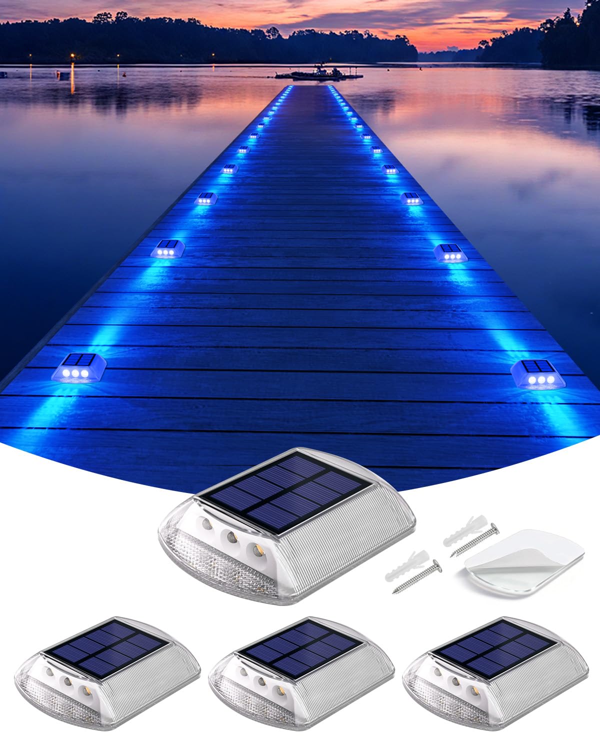 DetarZinLED Solar Driveway Lights Outdoor, 4 Pack IP68 Waterproof Dock Deck Lights Solar Powered, Stick on & Screw Blue Markers 
