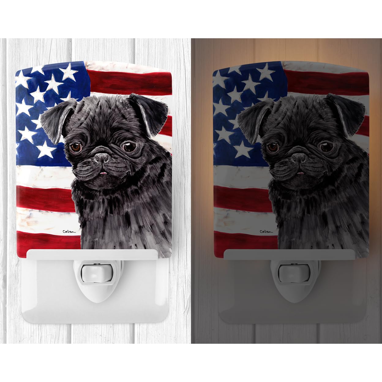 Carolines Treasures Ceramic Night Light, USA American Flag with Pug, Model SC9011CNL, Size 6x4x3, Multicolor