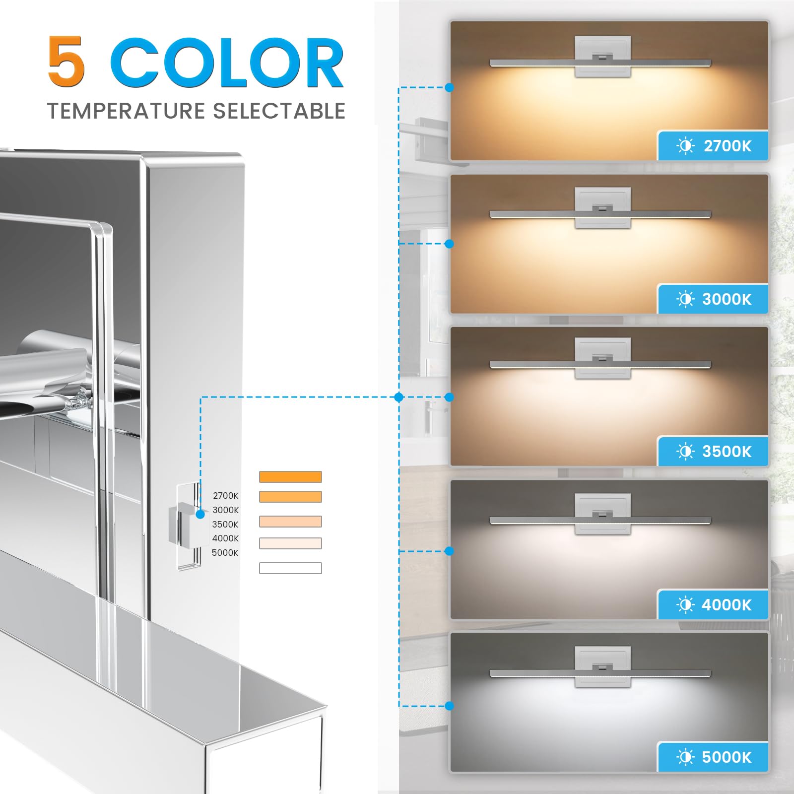 VOLISUN Bathroom Vanity Light Fixture, 24 inch, 14W Dimmable, Chrome, ETL Certified, Model 21321ZM, Rotatable, Acrylic