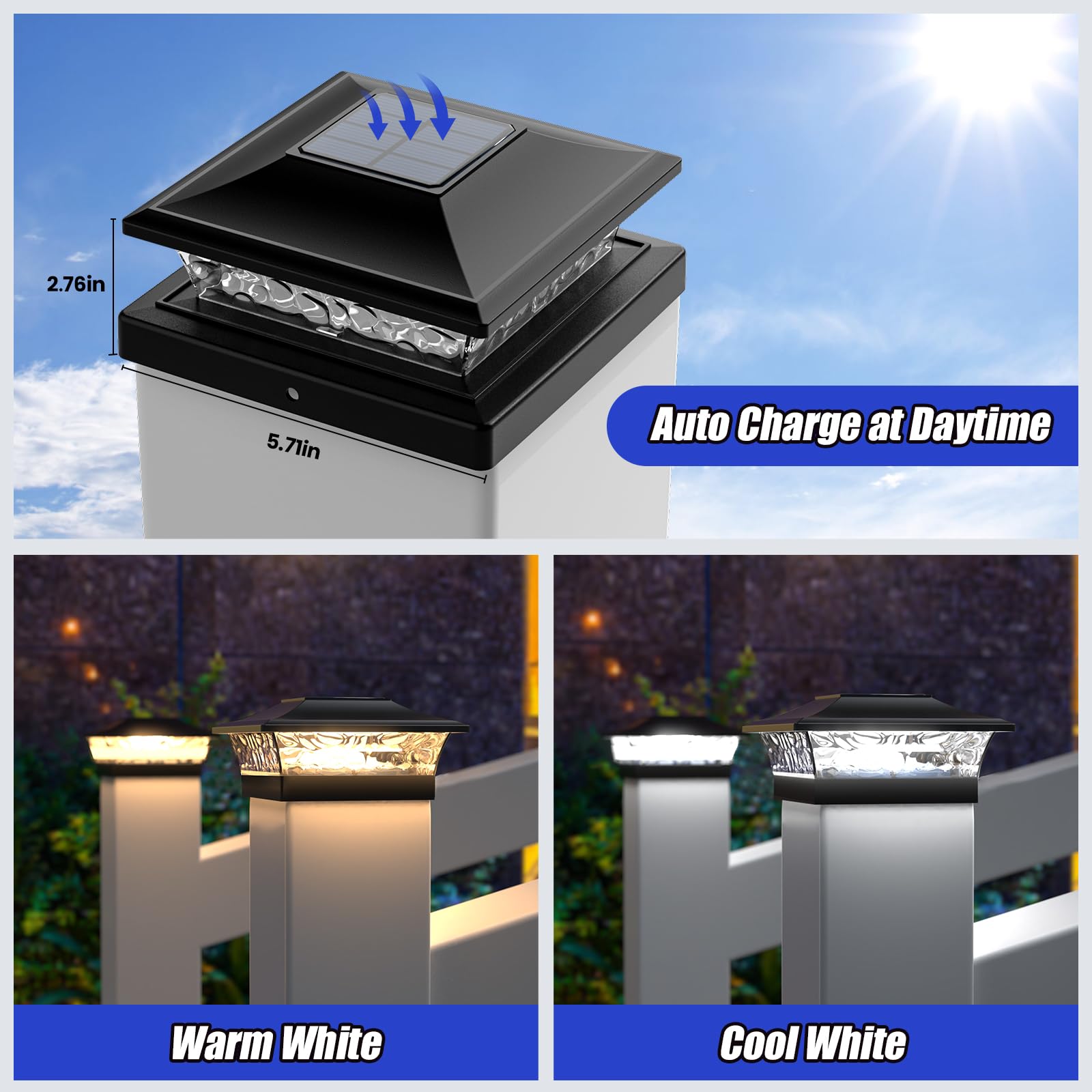 Aponuo Solar Post Cap Lights,Deck Post Lights Solar Powered 2 Color Mode Outdoor Waterproof For Fence Post Caps 4X4,6X6 Wood&4X4