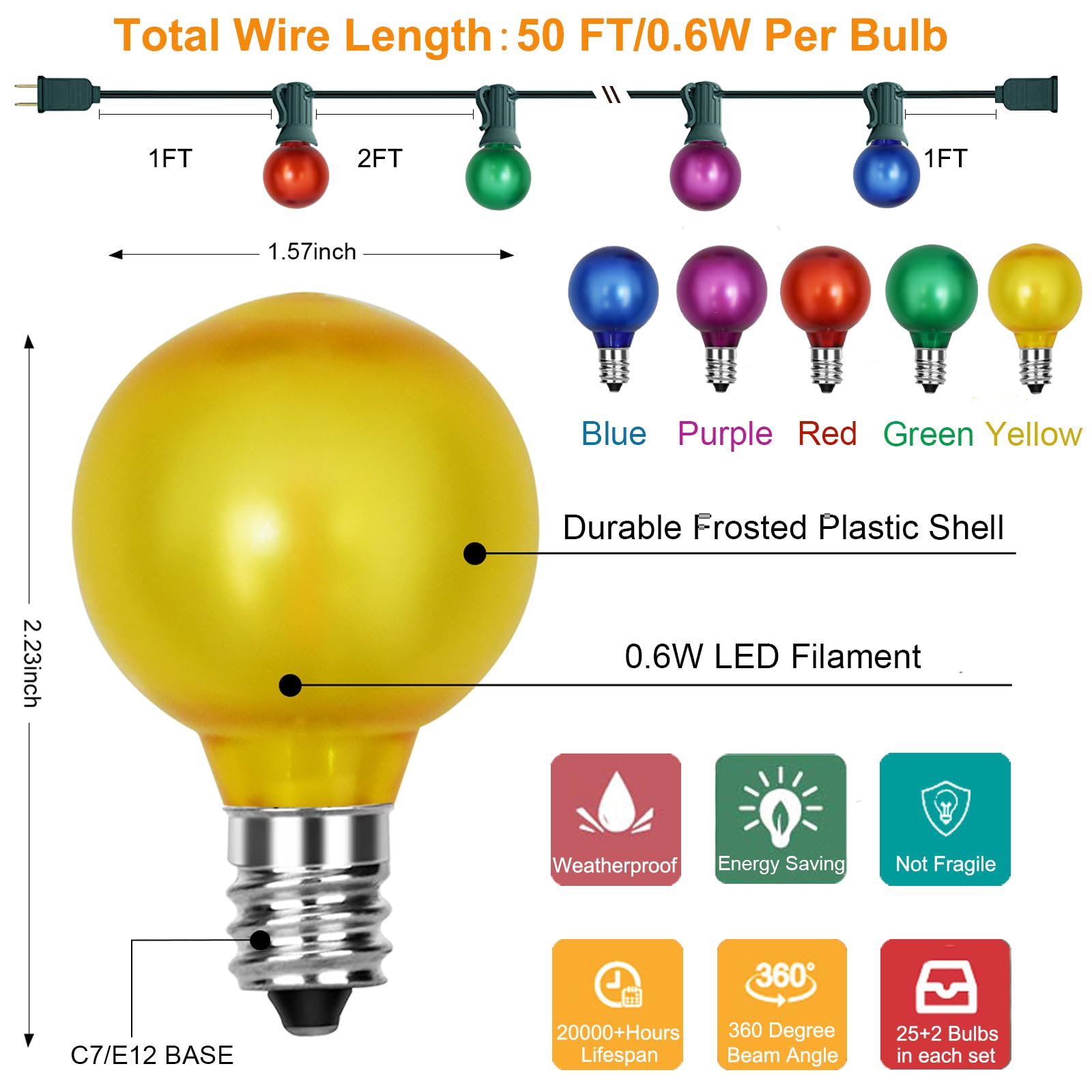 Sunsgne G40 Led Vintage Christmas Lights, 50Ft Christmas Globe String Lights With 27 Led Frosted Multicolor Lights(2 Spare), Rou