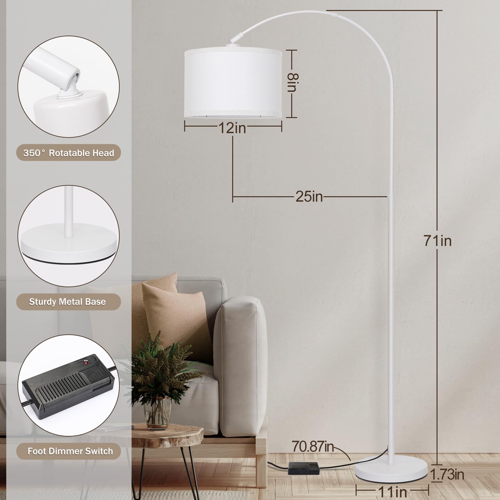 Seaside Village Standing Lamp For Living Room, Dimmable Arc Floor Lamp With White Adjustable Hanging Shade, Modern Pole Lamp Tal