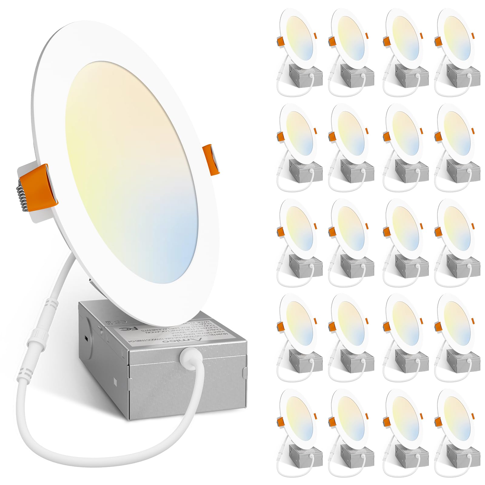 Amico 20 Pack 6 Inch 5CCT Ultra-Thin LED Recessed Ceiling Light with Junction Box, 2700K/3000K/4000K/5000K/6000K Selectable, Dim