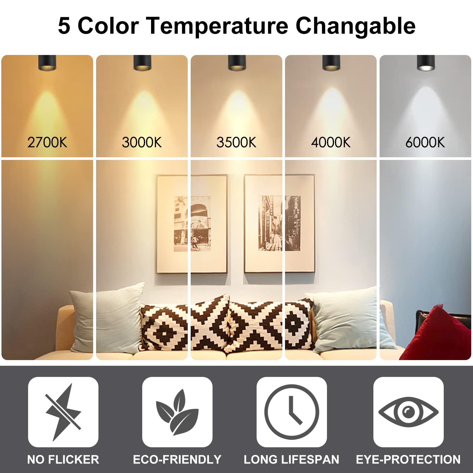 Jarlstar Led Ceiling Spotlight 5Cct 2700K/3000K/3500K/4000K/6000K Selectable Dimmable,Spot Light Indoor Adjustable Flush Mount L