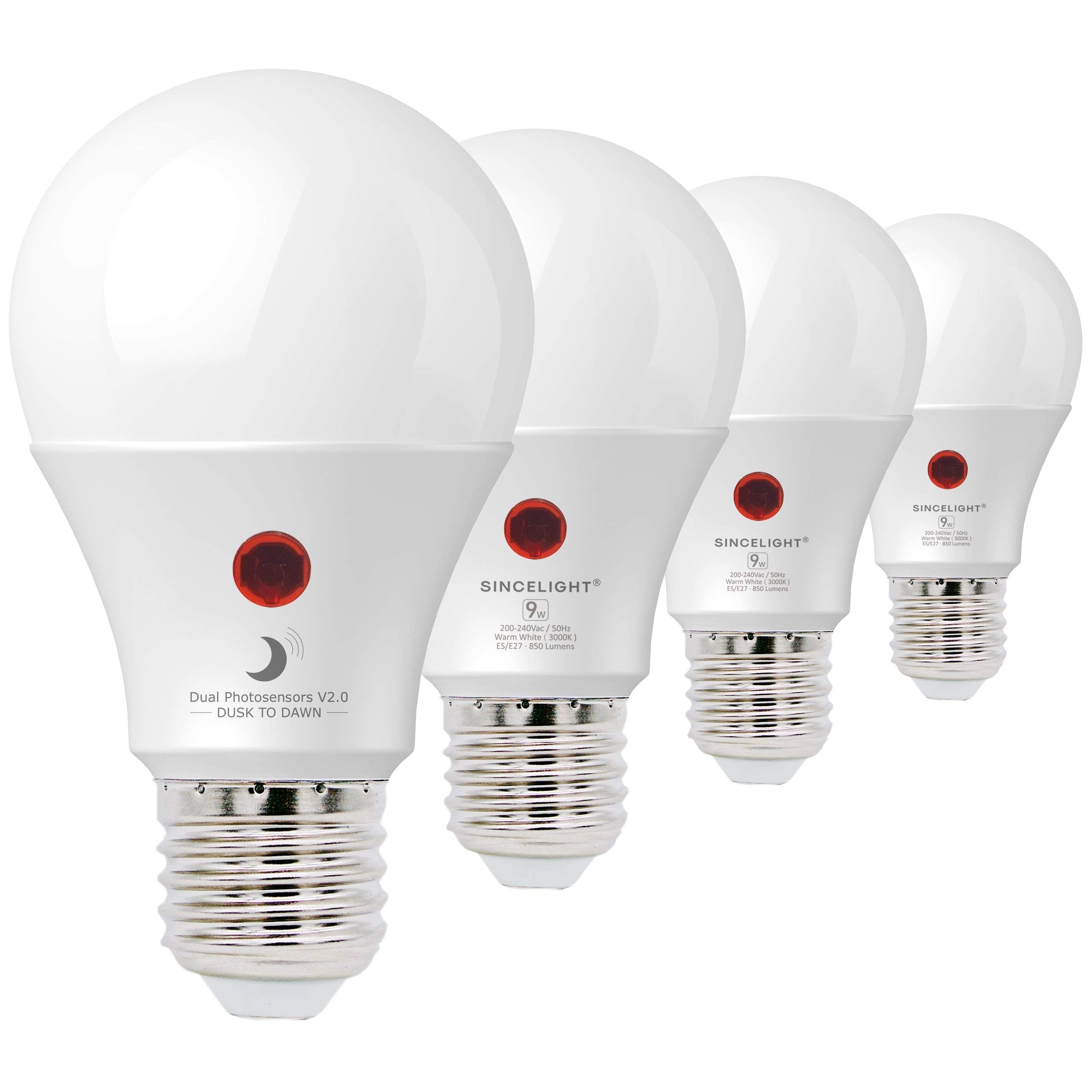 SINCELIGHT Dusk to Dawn LED Bulb, 9W, 4000K Neutral White, E26, Pack of 4, Automatic Daylight Sensor, Model SL-A19E