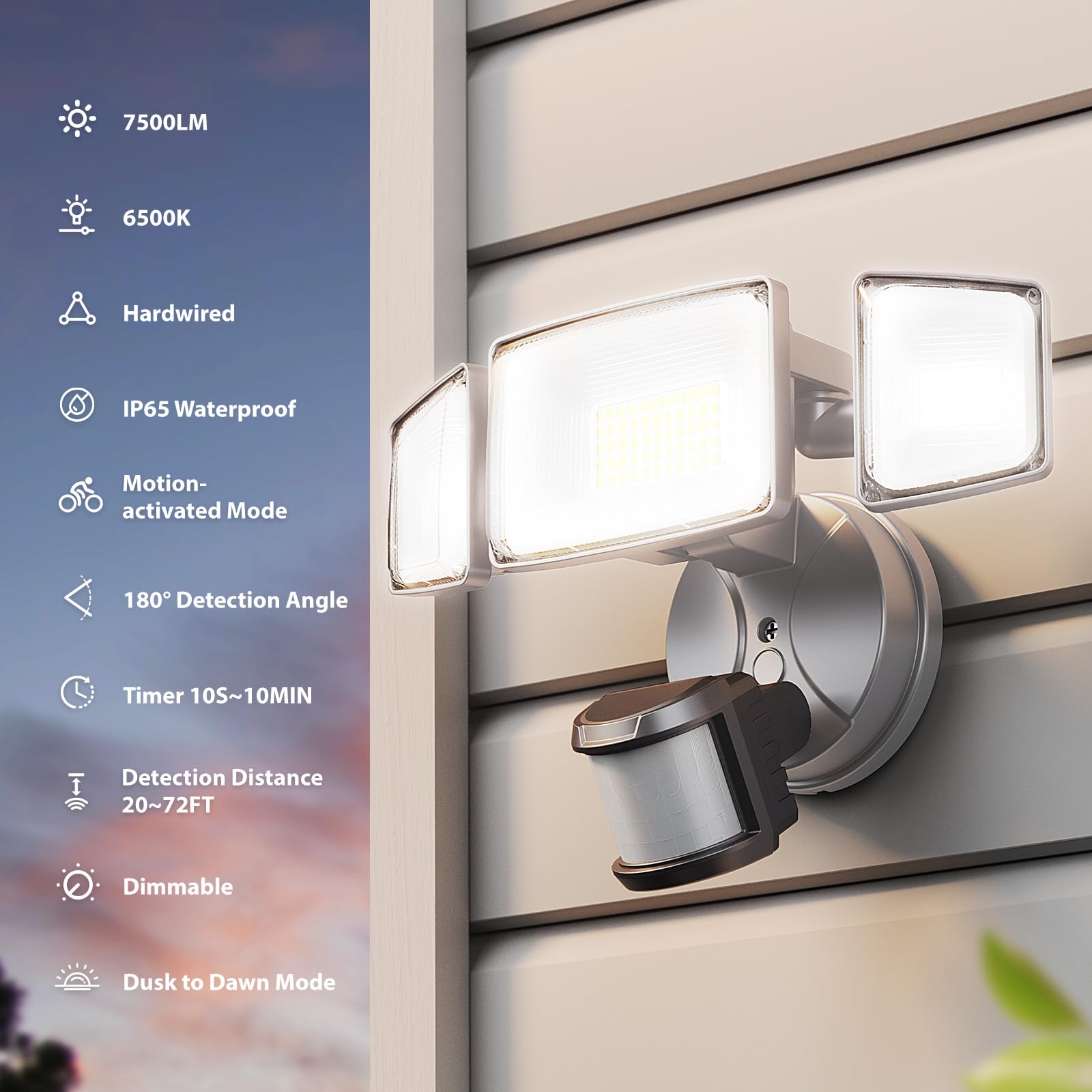 Onforu 75W Led Motion Sensor Outdoor Lights, Dusk To Dawn Flood Lights Outdoor Motion Sensor, Hardwired Security Lights Floodlig