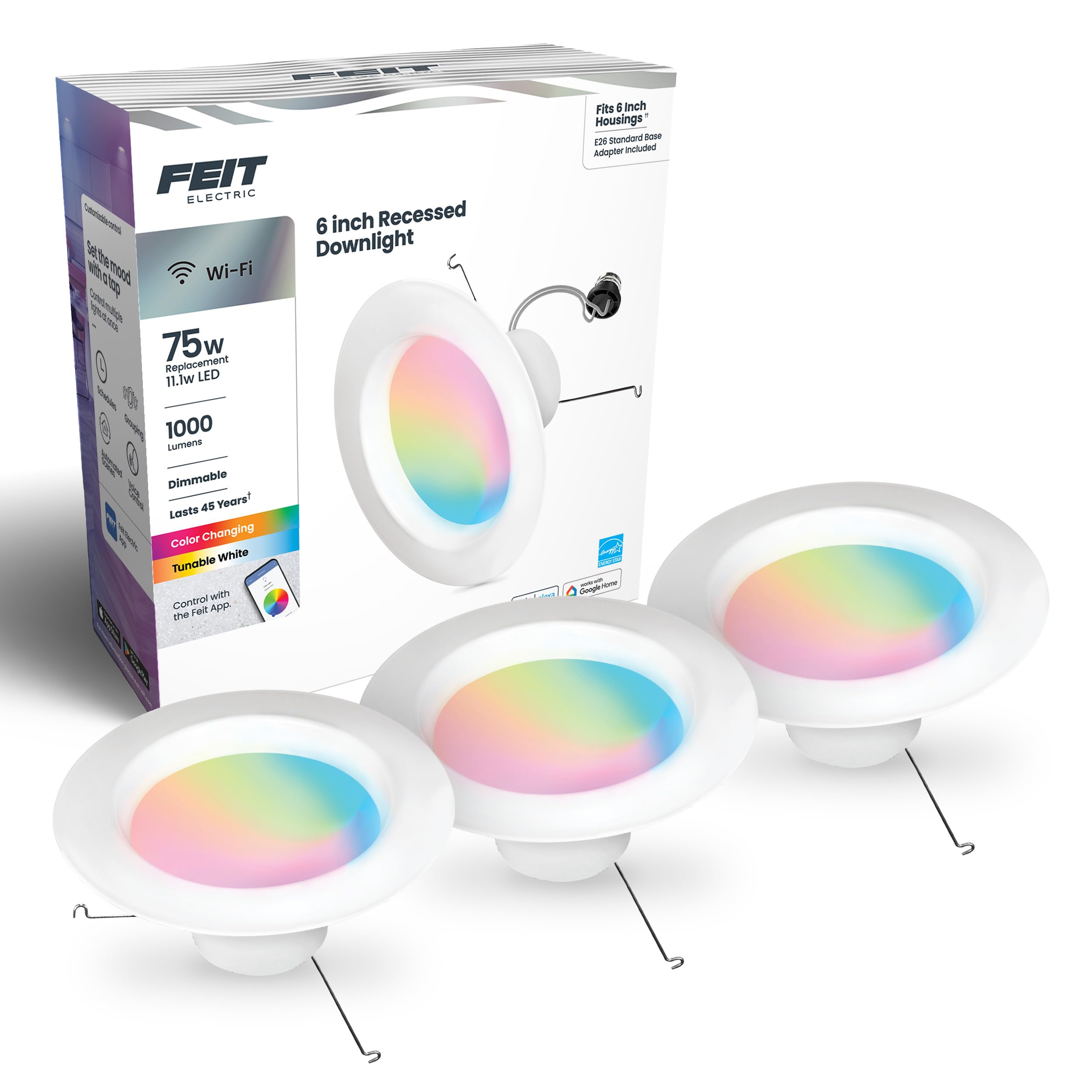 Feit Electric Smart Recessed Downlights, 75W Equivalent, Color-Changing, Dimmable, 1000 Lumens, 3 Count, White, LEDR6/RGBW