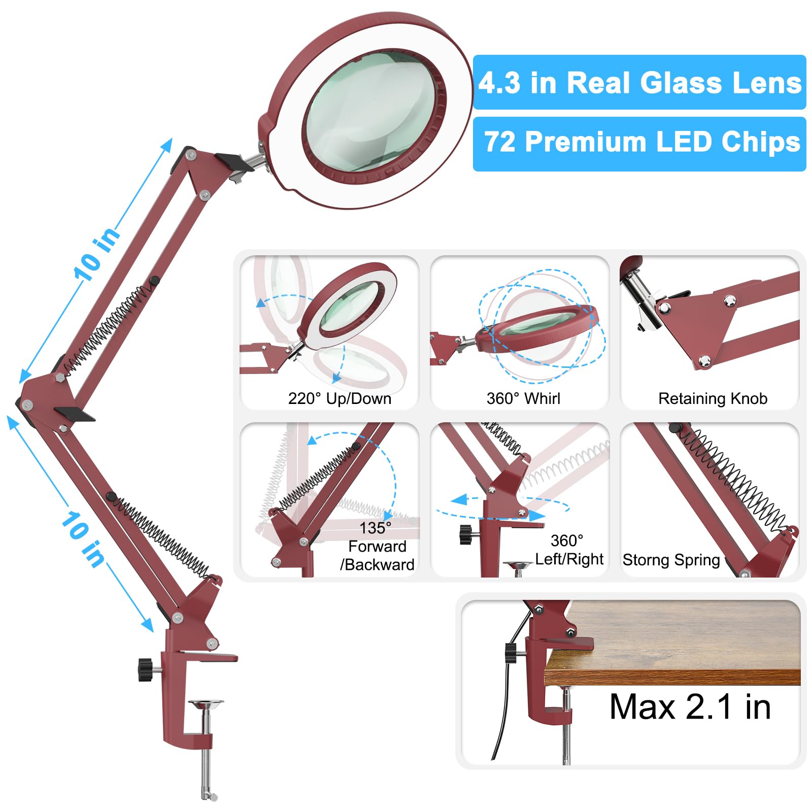 Coyeth 10X Magnifying Glass with Light, Metal Clamp Desk Lamp, Stepless Dimmable LED, Red