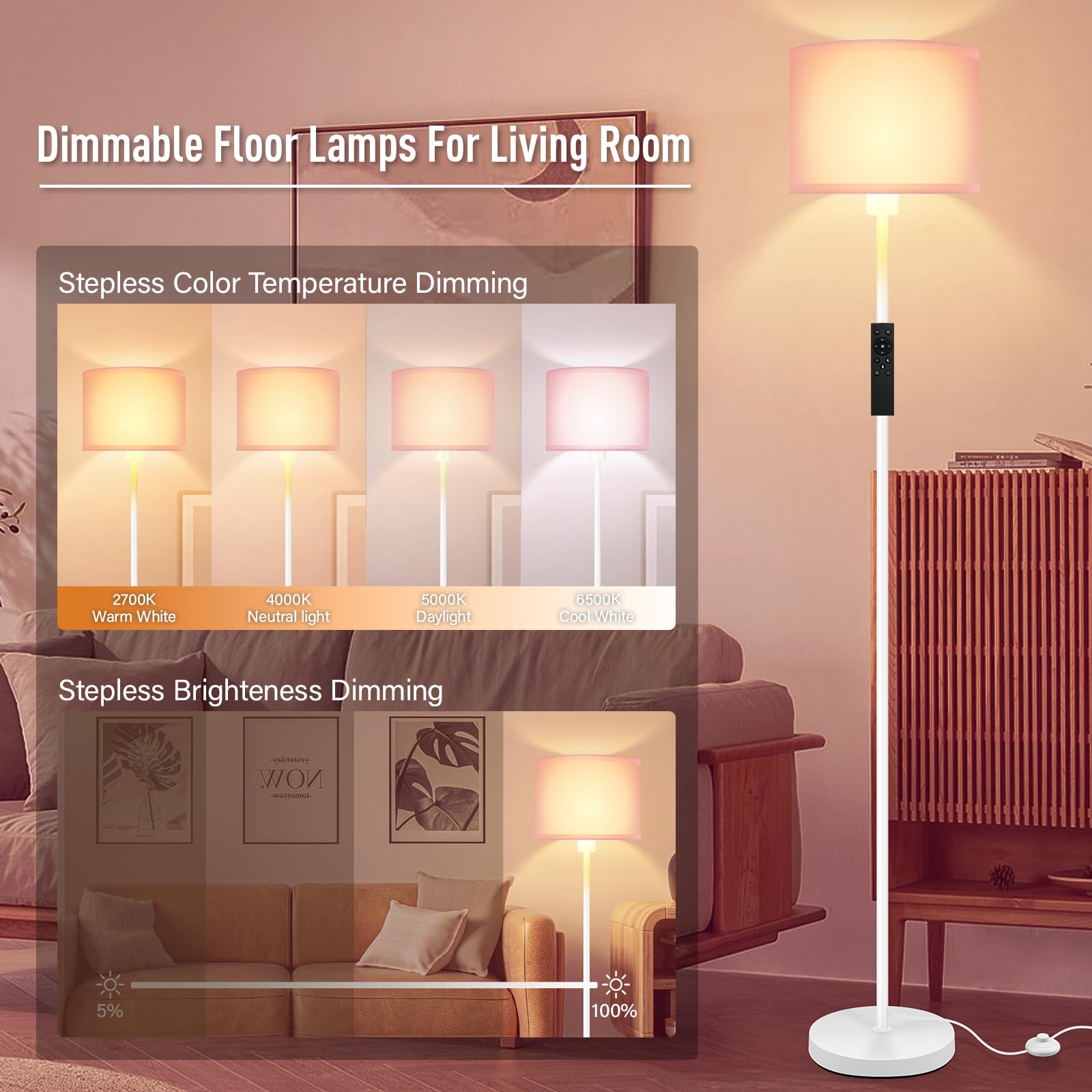 Bricosmocon Pink Floor Lamp - Stepless Dimmable, 10W/1200LM, Remote Control, 2700K-6500K Adjustable Brightness, Modern Design for Living