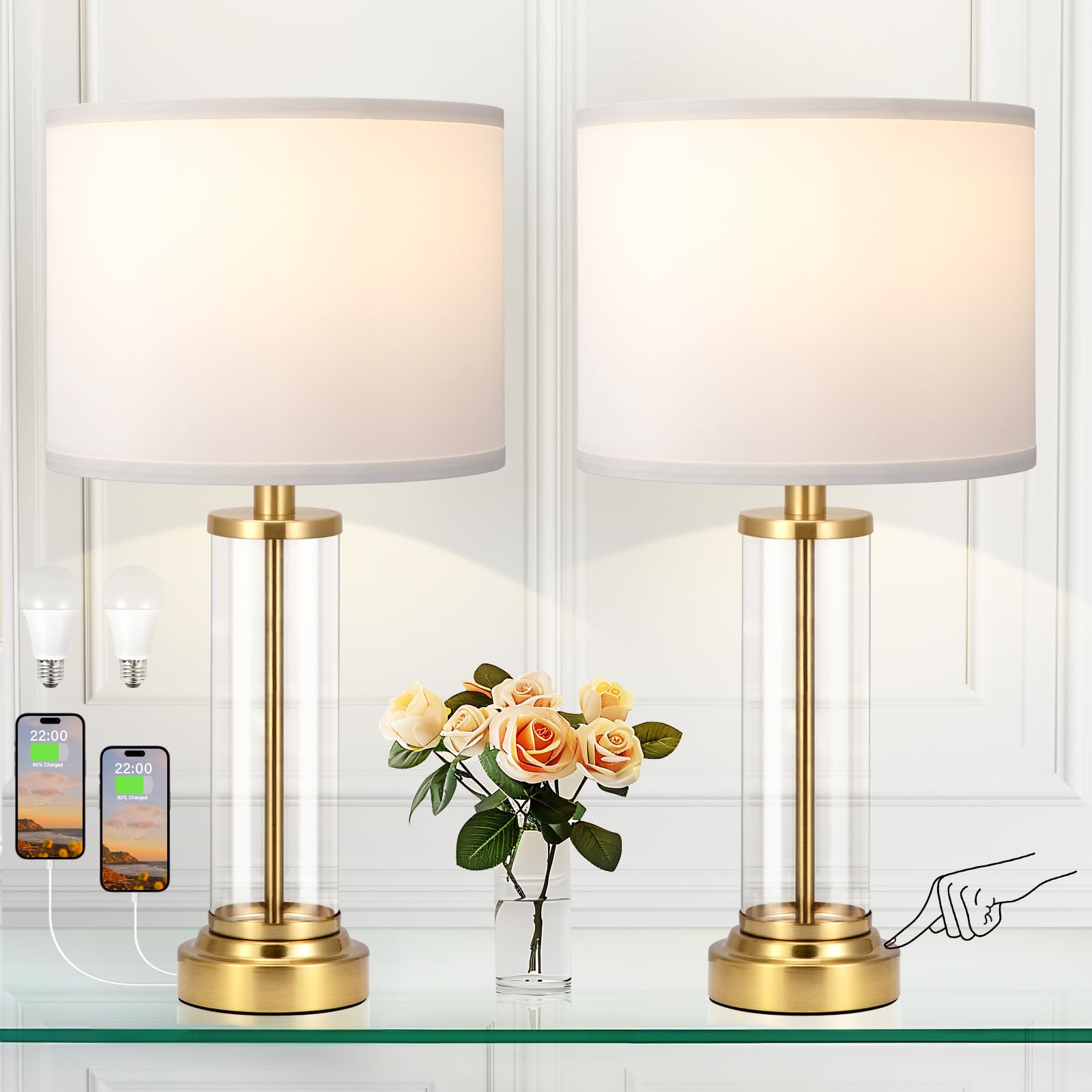 Gold Bedroom Lamps Set of 2 - Touch Bedside Lamp for Night Stands with USB C+A, 3 Way Dimmable Nightstand Table Lamps for Living