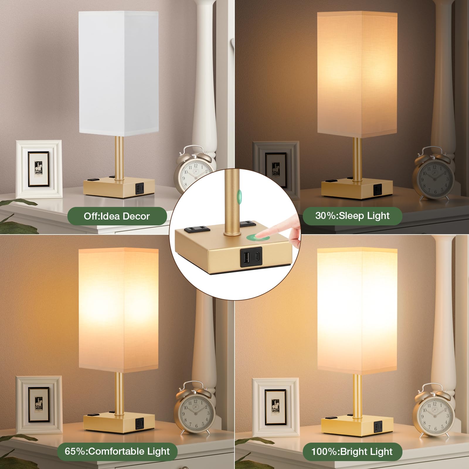aooshine Gold Touch Lamps Set of 2 - 3-Way Dimmable, USB-C & AC Ports, Small Nightstand Lighting, Model 7-13