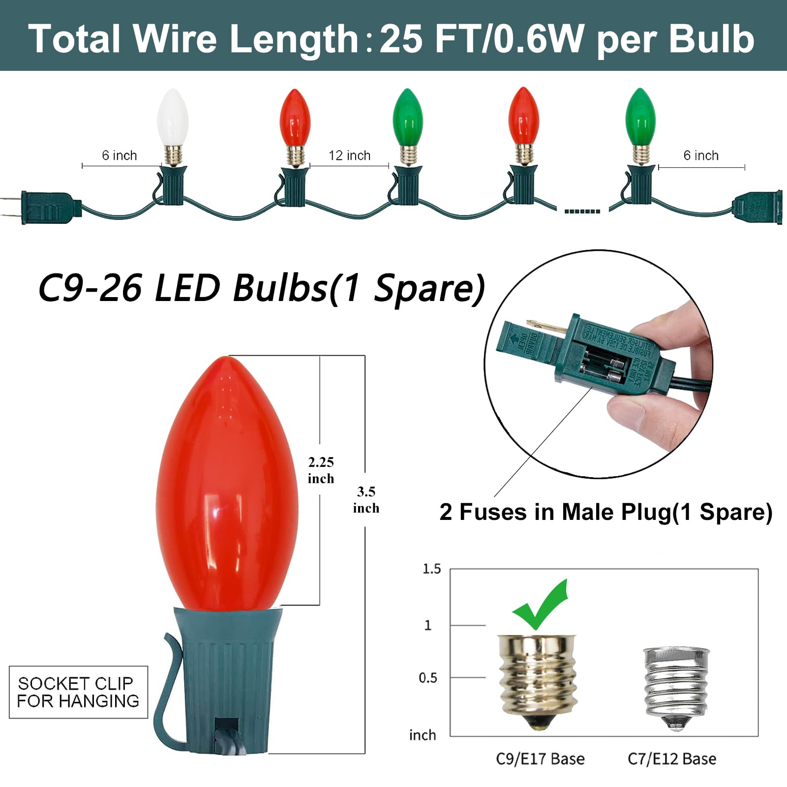 Sunsgne C9 Led Outdoor Vintage Christmas Lights, 25Ft Christmas Tree Lights With 26 0.6W Led Red Green White Lights(1 Spare) For