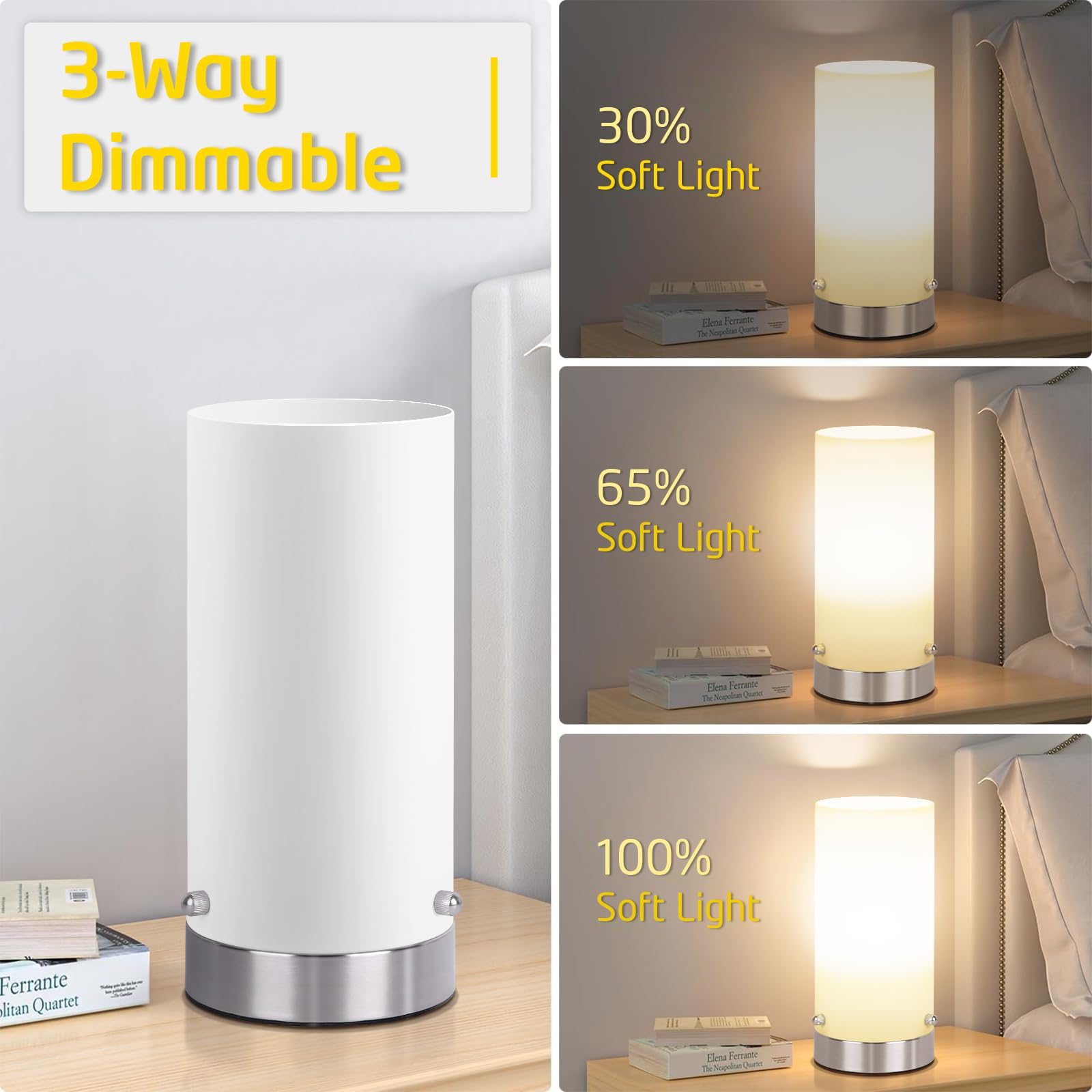 Kukobo 3-Way Dimmable Touch Control Bedside Table Lamp, Modern Glass Design, Medium Size, Nickel Finish, Includes 2700K 6W Bulb