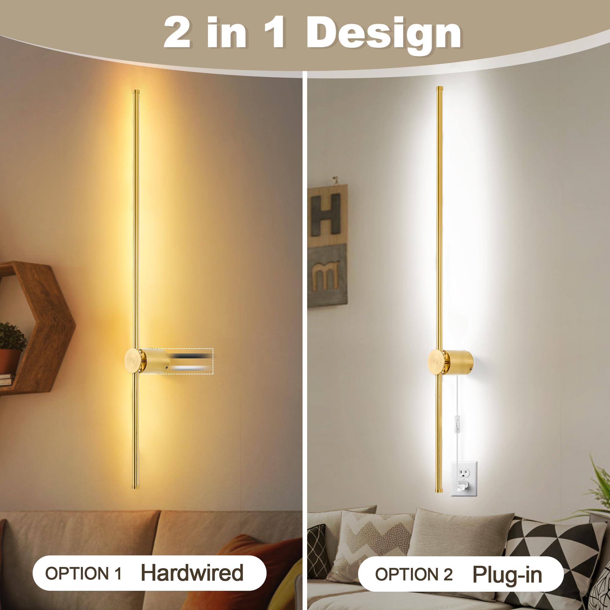 Goodate Led Wall Sconces Set Of 2 With Remote, 3000K-6500K Dimming, Gold,