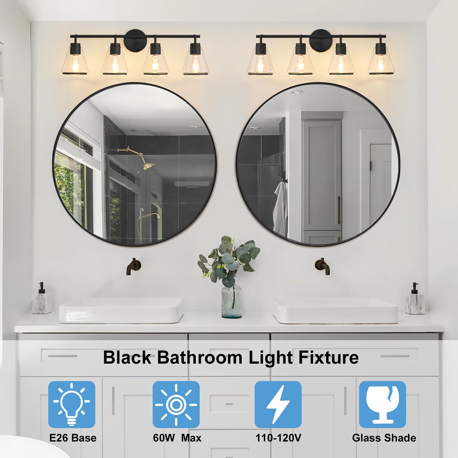 Nadosa Black Bathroom Light Fixtures 4 Light Bathroom Vanity Lights Over Mirror With Clear Glass Shade, 30 Inch Vanity Lights For Bathroom Modern Wall Sconce Lighting (Exclude E26 Bulb)